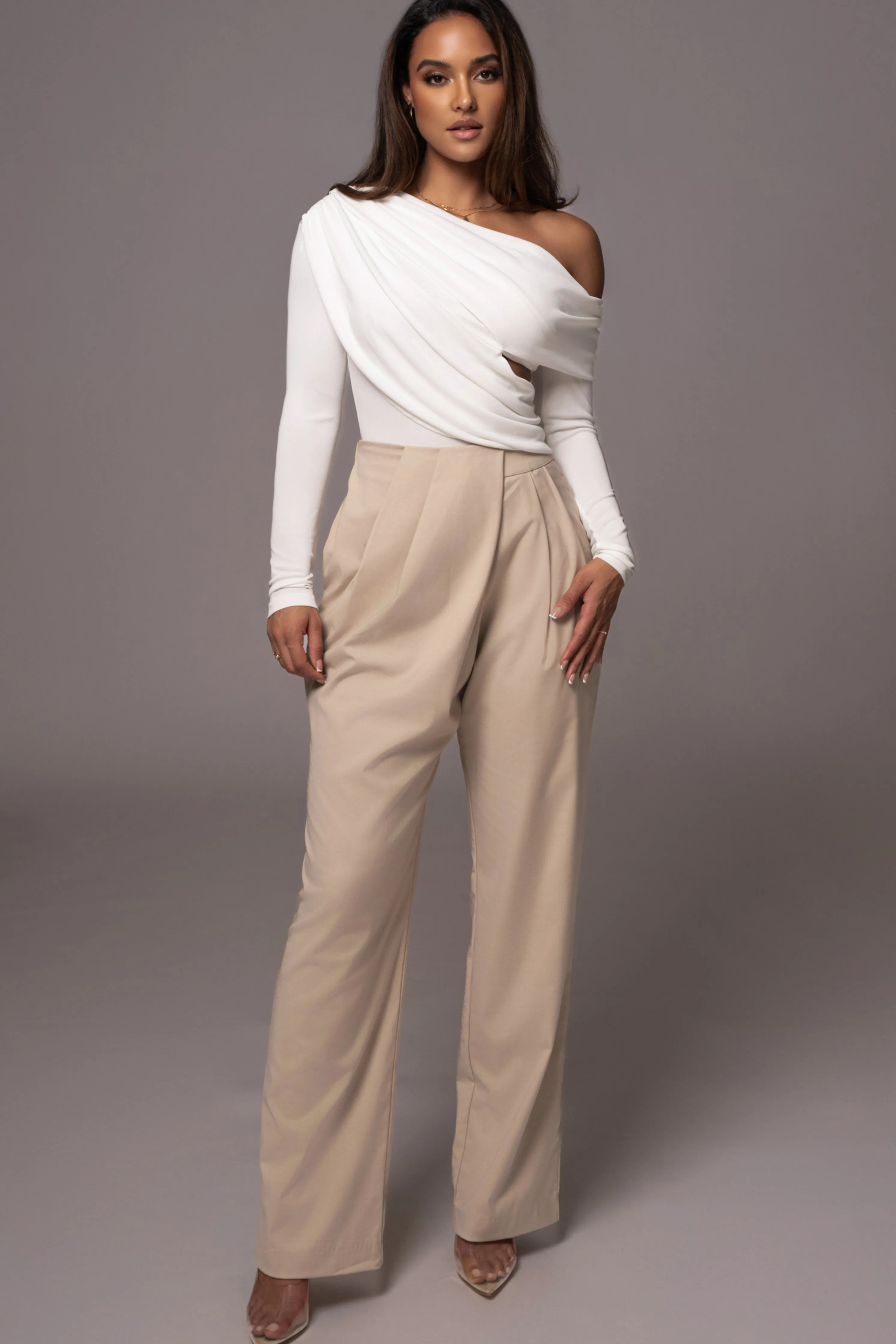 Beige Asymmetrical Draped Trousers