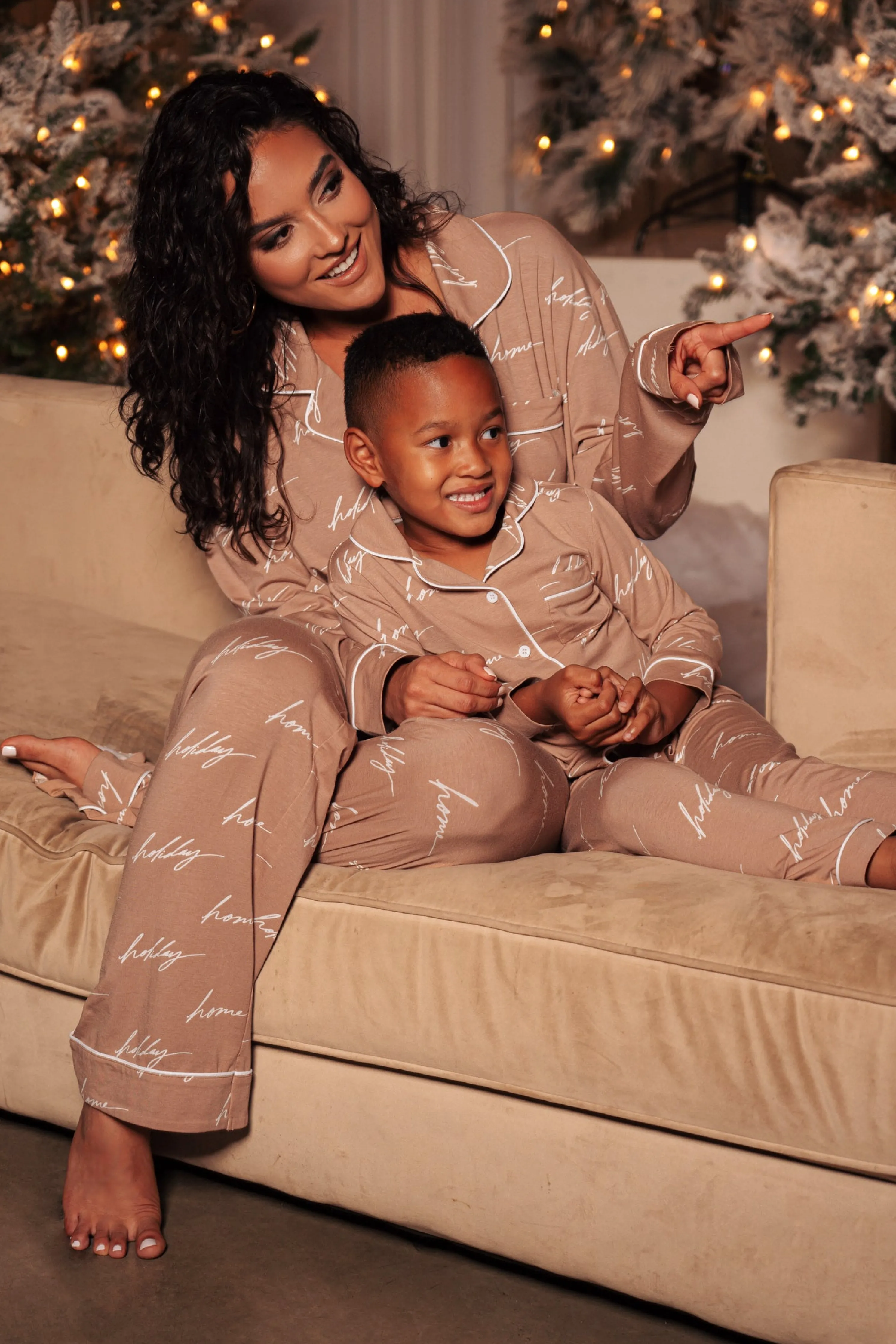 Beige Home For The Holidays Kids Pajama Set