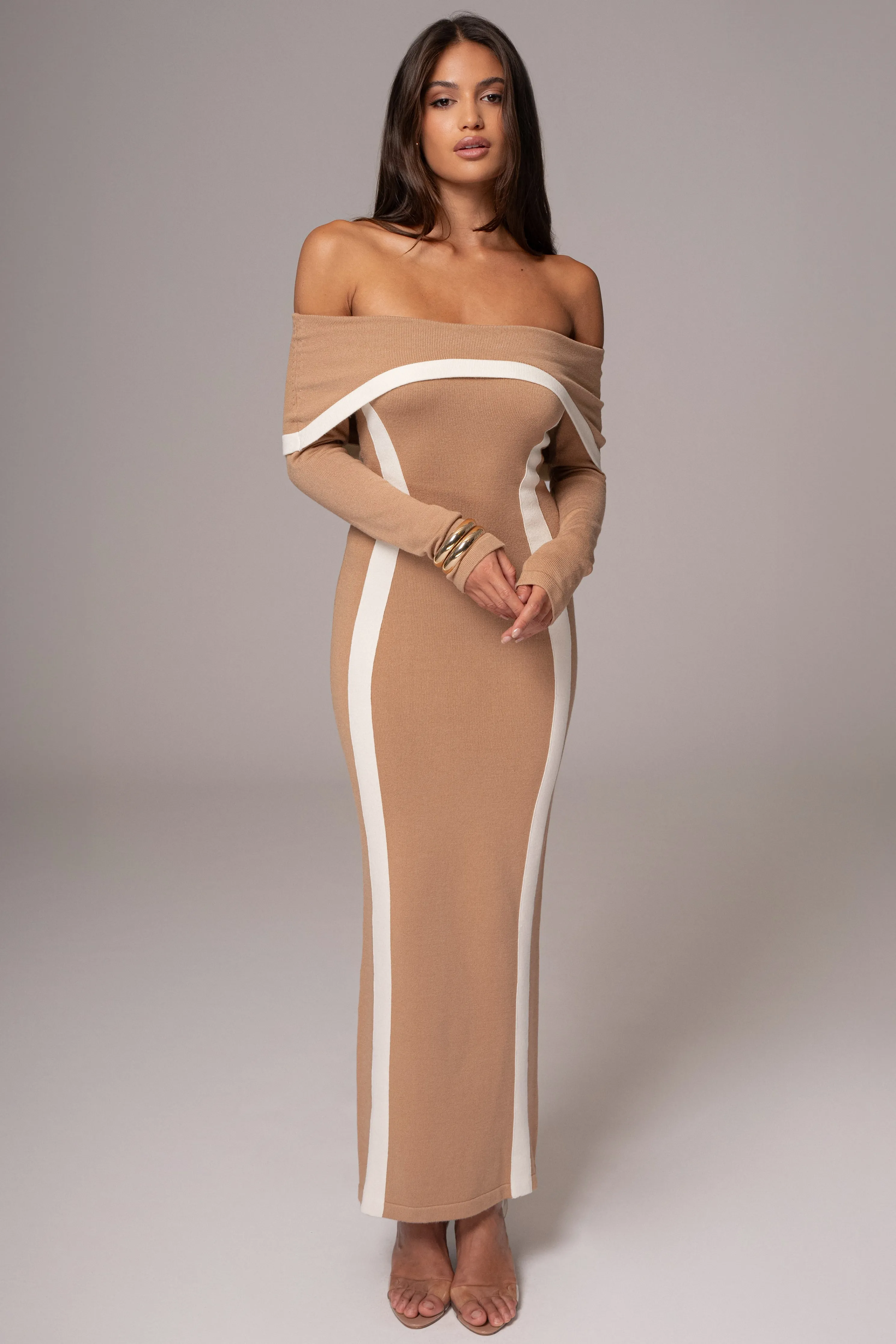 Beige Janet Off Shoulder Maxi Dress
