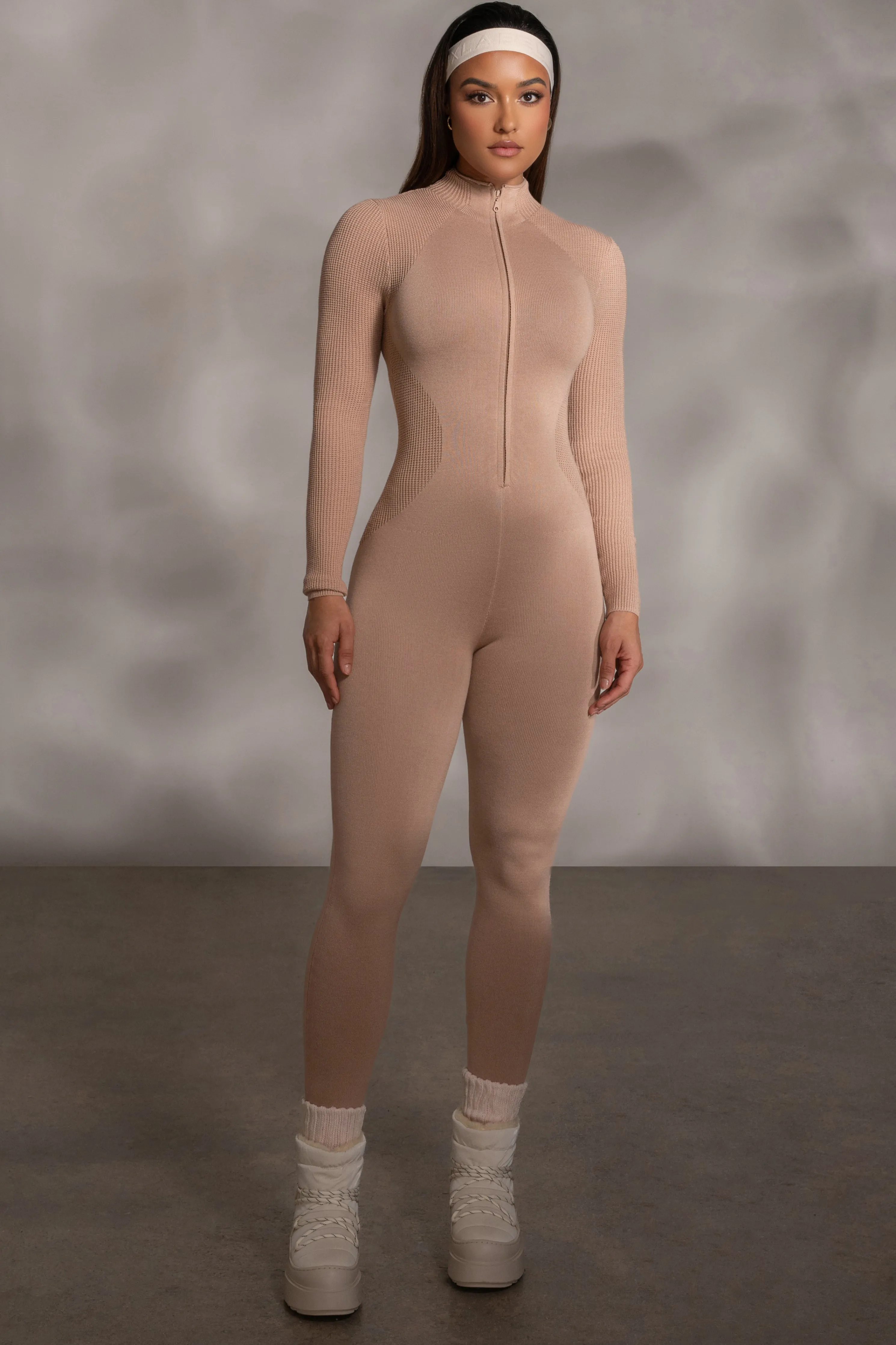 Beige Kris Front Zipper Jumpsuit