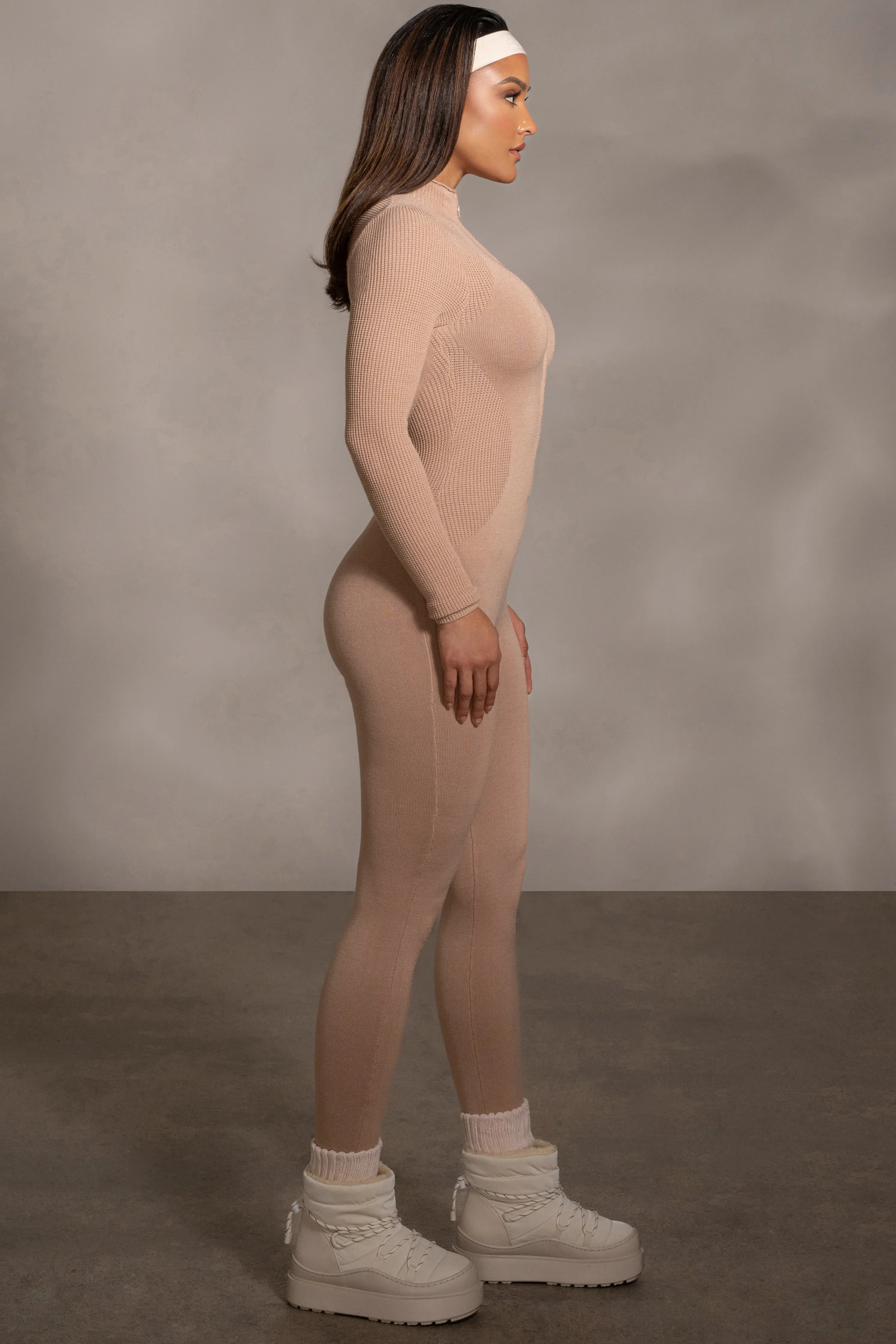 Beige Kris Front Zipper Jumpsuit