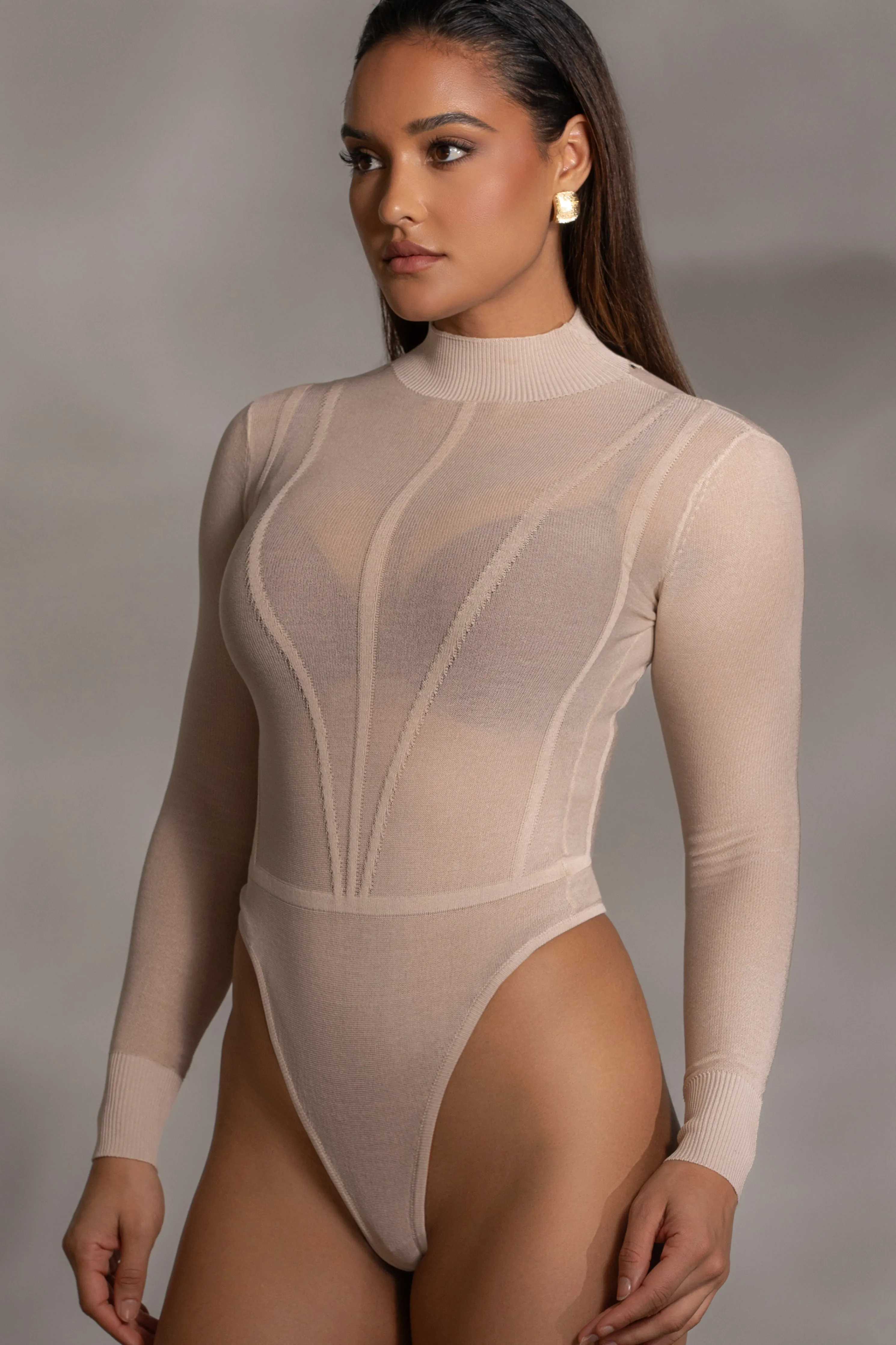 Beige Lori Sheer Knit Bodysuit