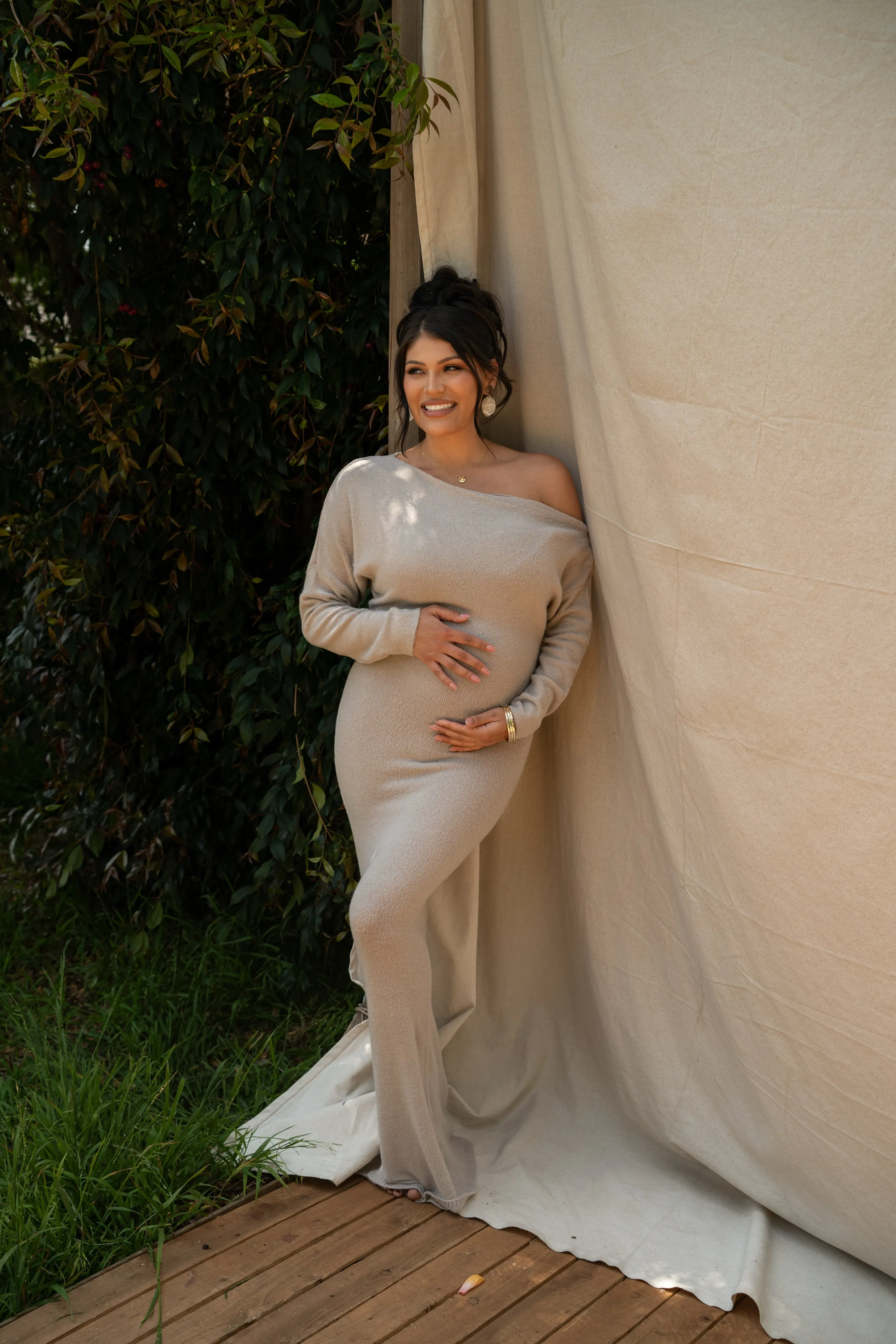 Beige Maddux Asymmetrical Maxi Dress