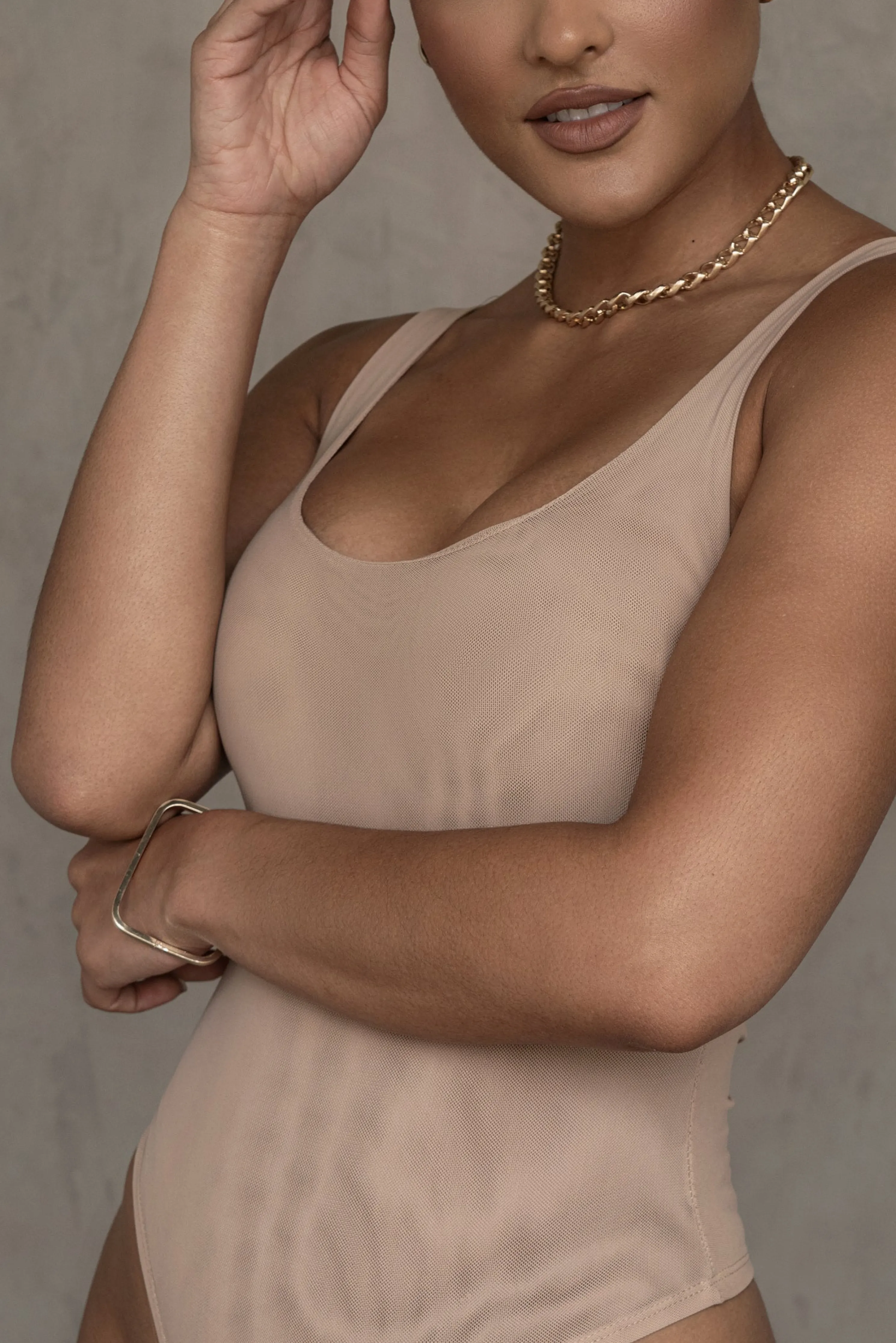 Beige Mesh Essentials Tank Bodysuit Undergarment