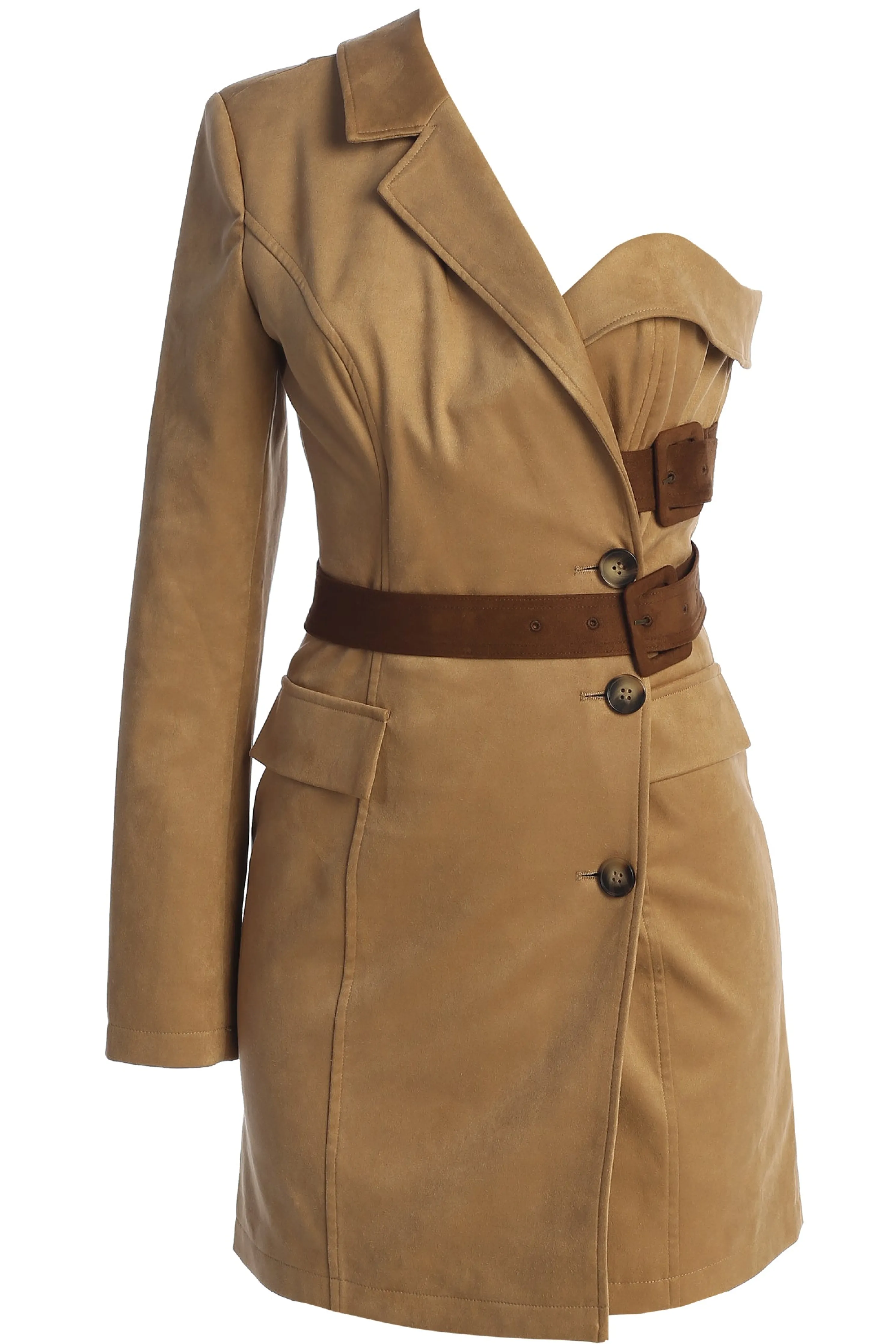 Beige One Shoulder Suede Blazer Dress