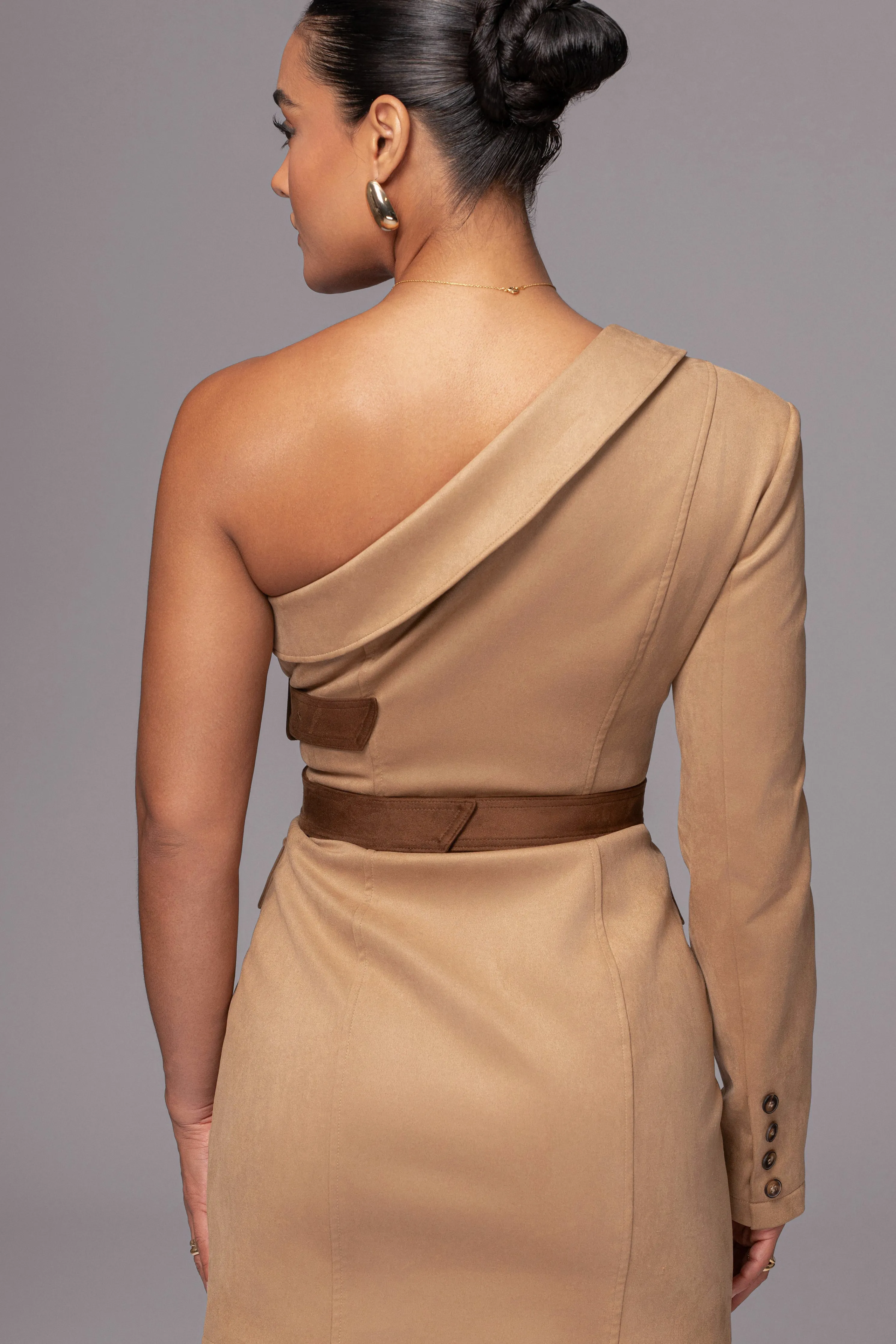 Beige One Shoulder Suede Blazer Dress