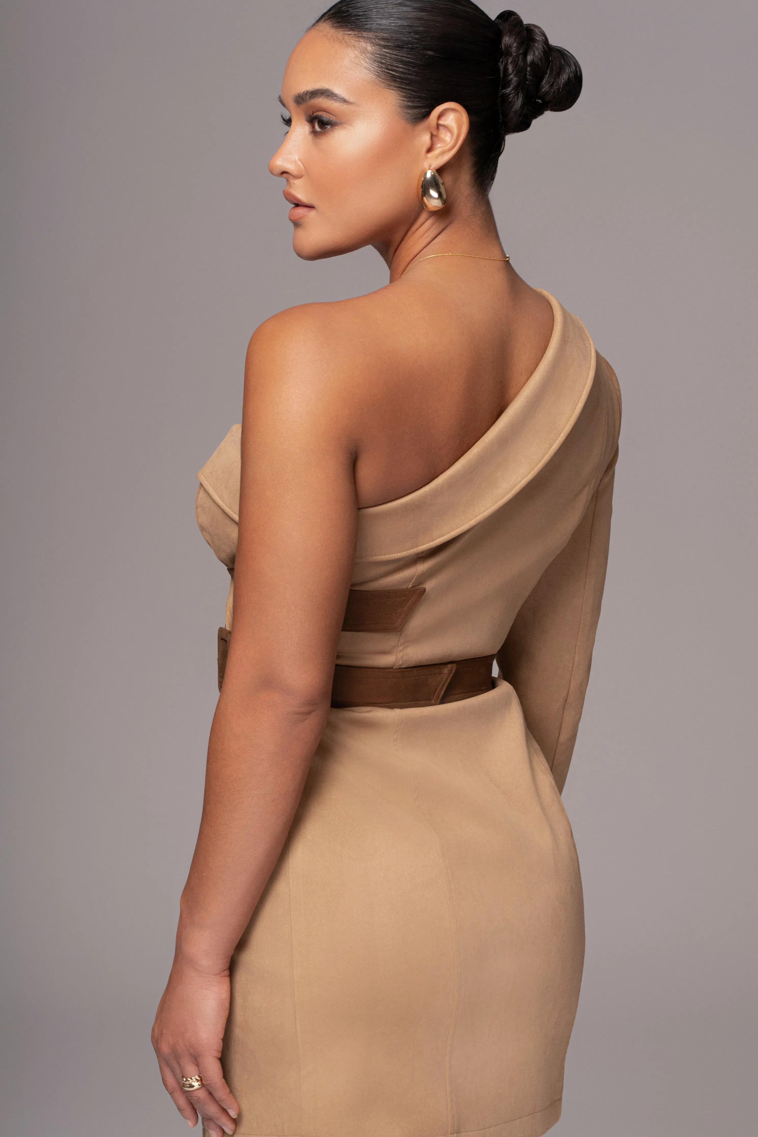 Beige One Shoulder Suede Blazer Dress