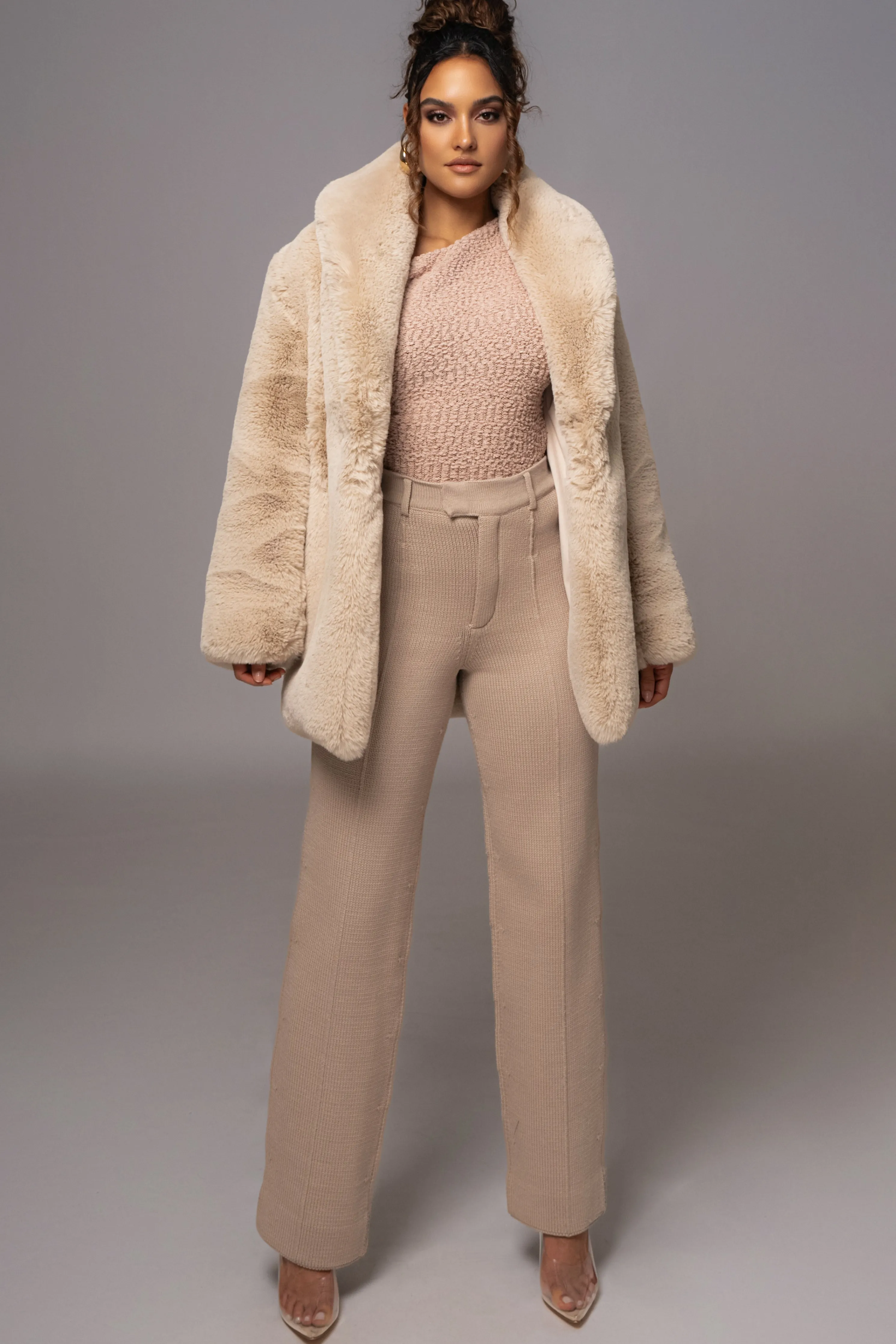 Beige Refined Faux Fur Oversized Coat