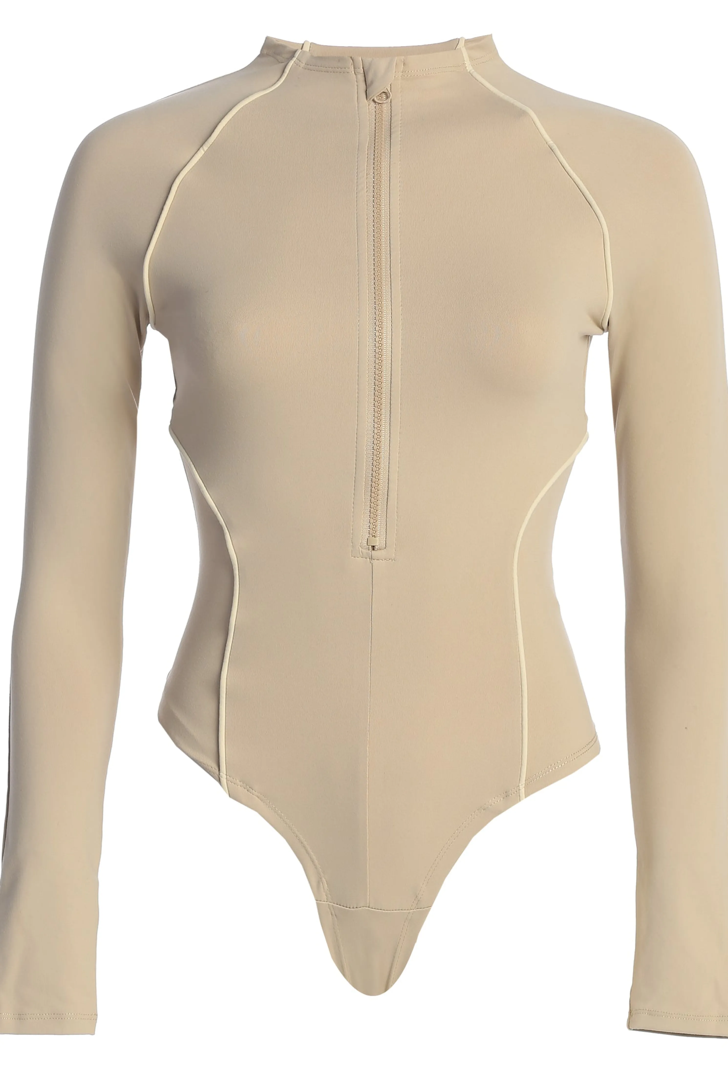 Beige Rise Up Zip Front Bodysuit