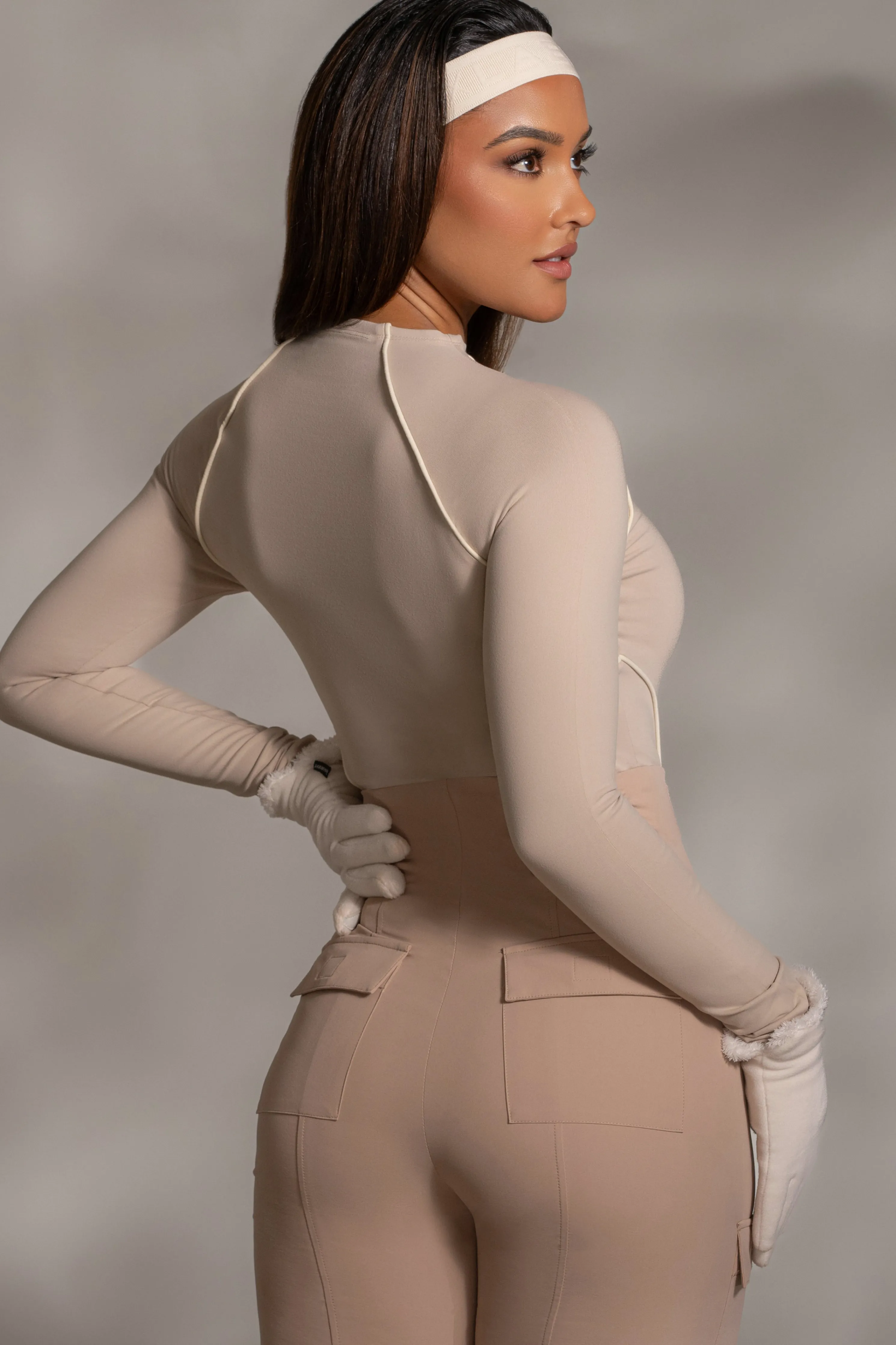 Beige Rise Up Zip Front Bodysuit
