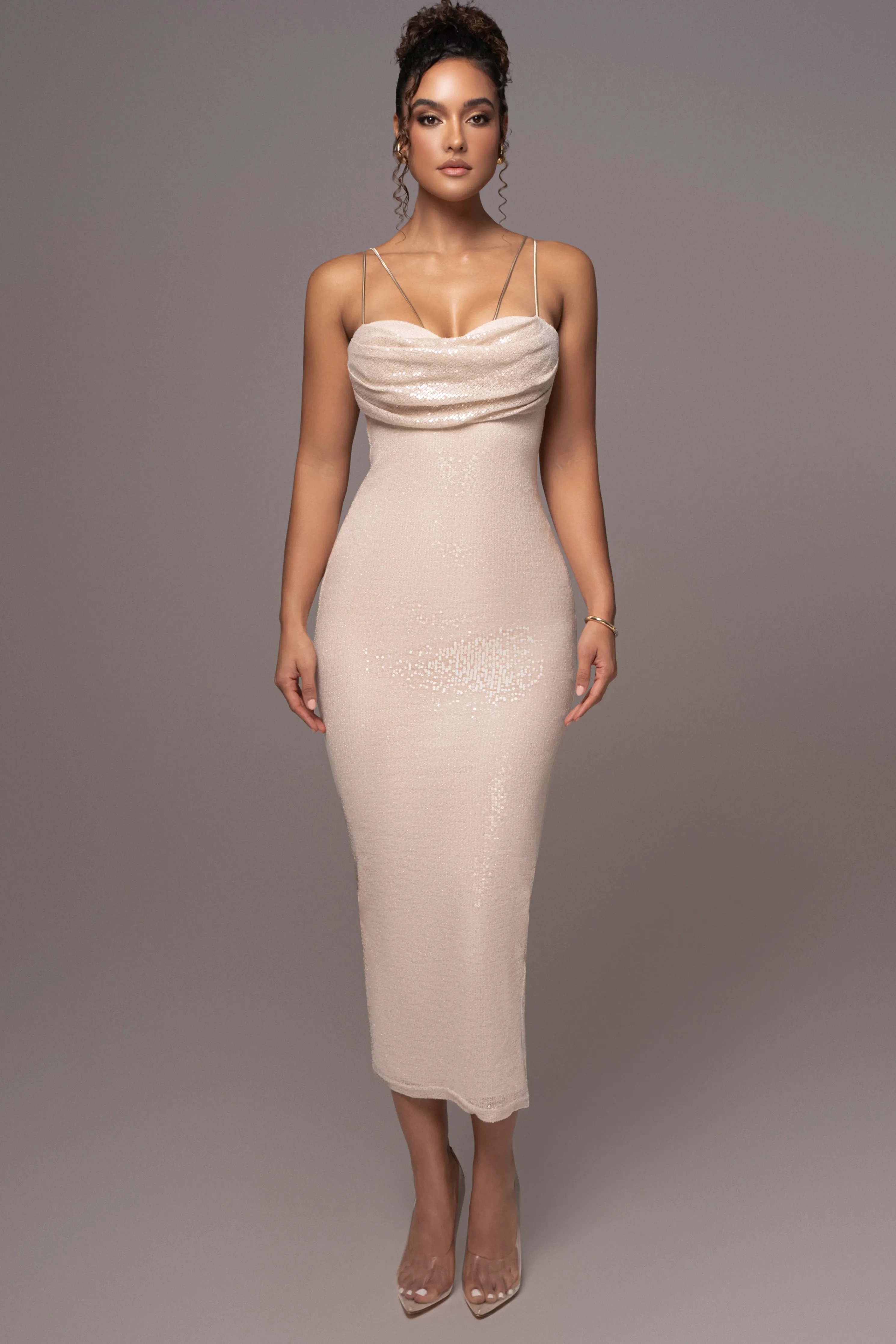 Beige Sequin Visions Of You Midi Dress