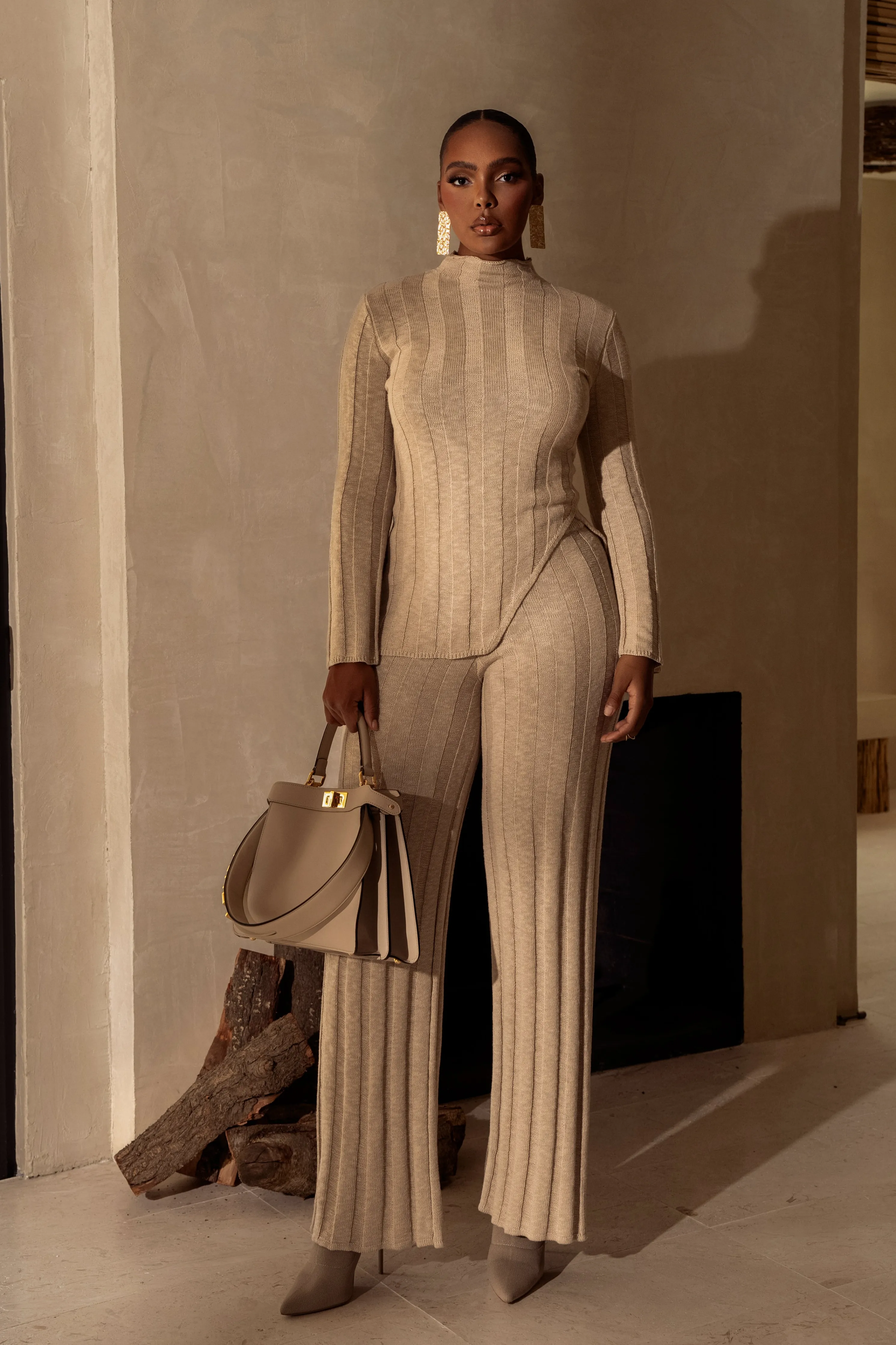 Beige Take A Chance Ribbed Pant Set