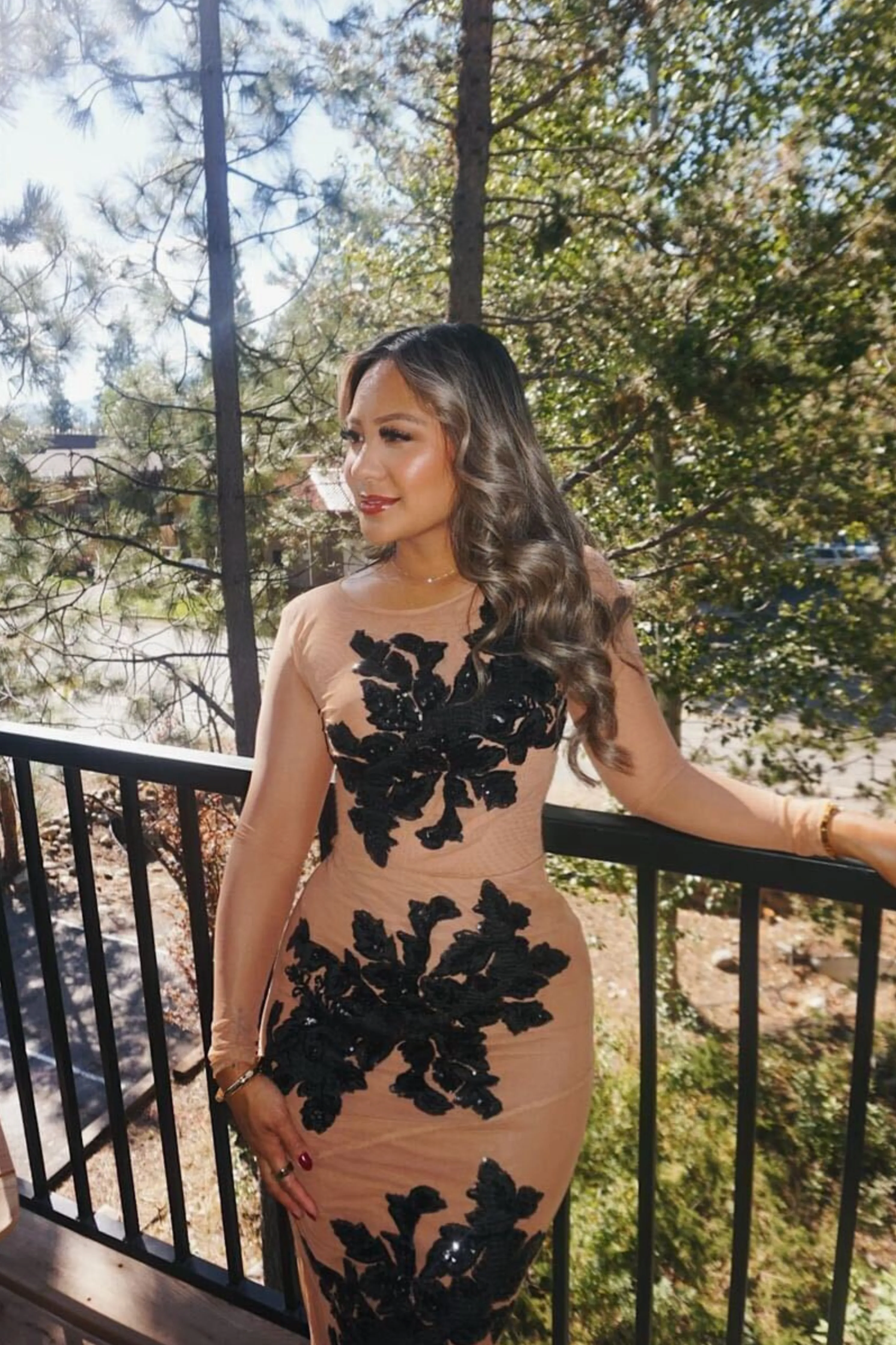 Black Charmed Embroidered Mesh Bodysuit