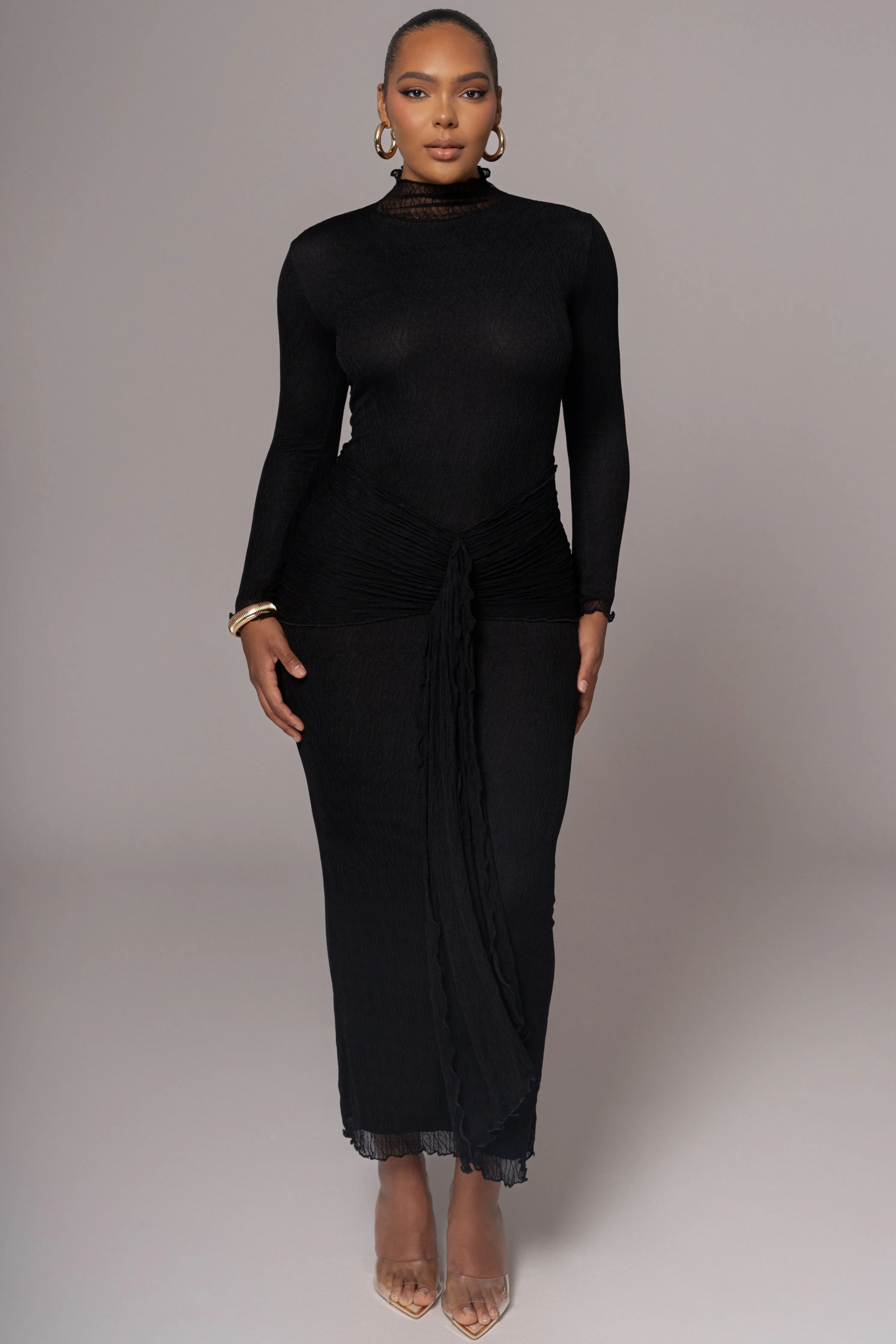 Black Drape Mock Neck Dress