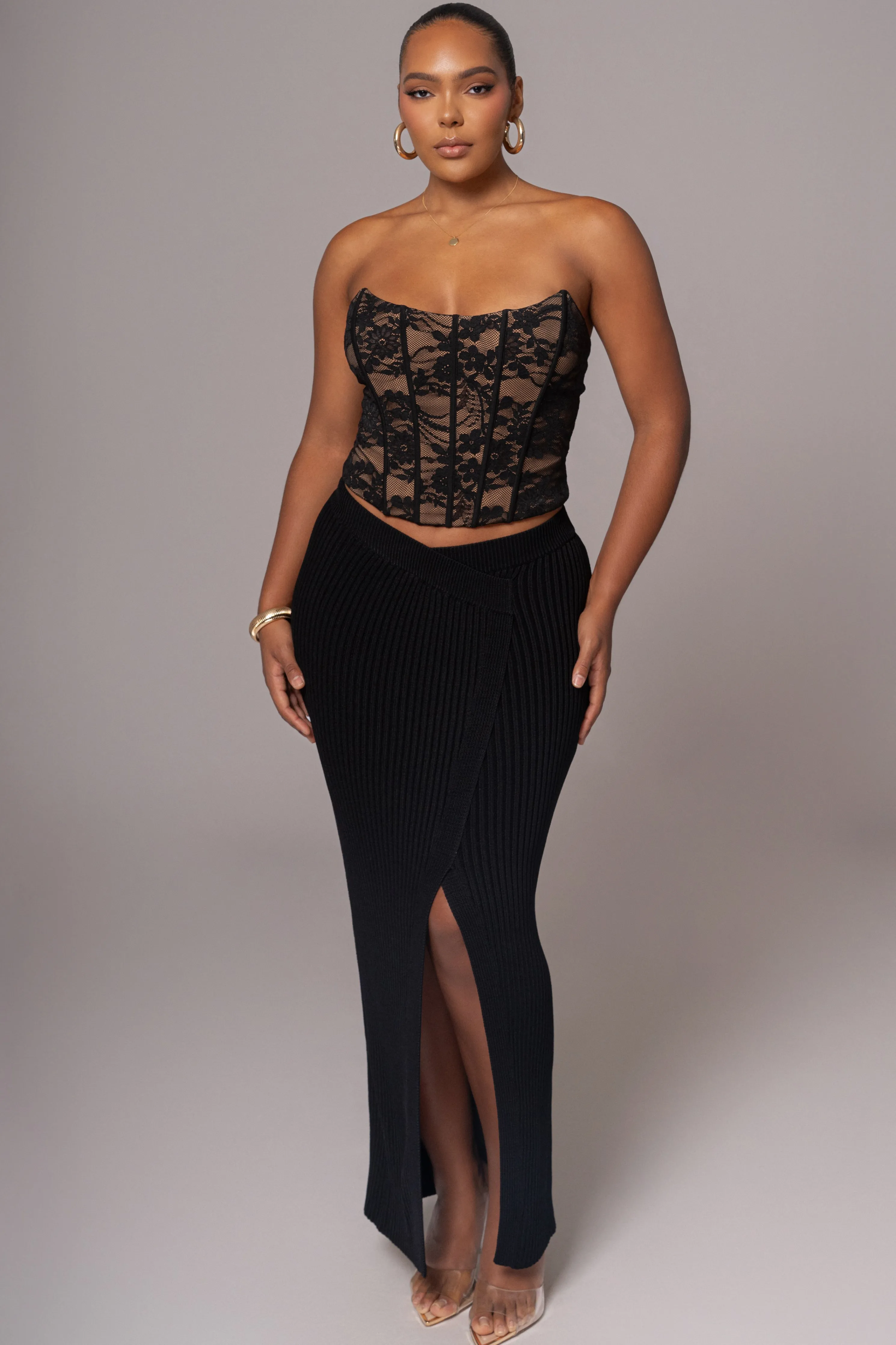 Black Hamptons Ribbed Slit Skirt