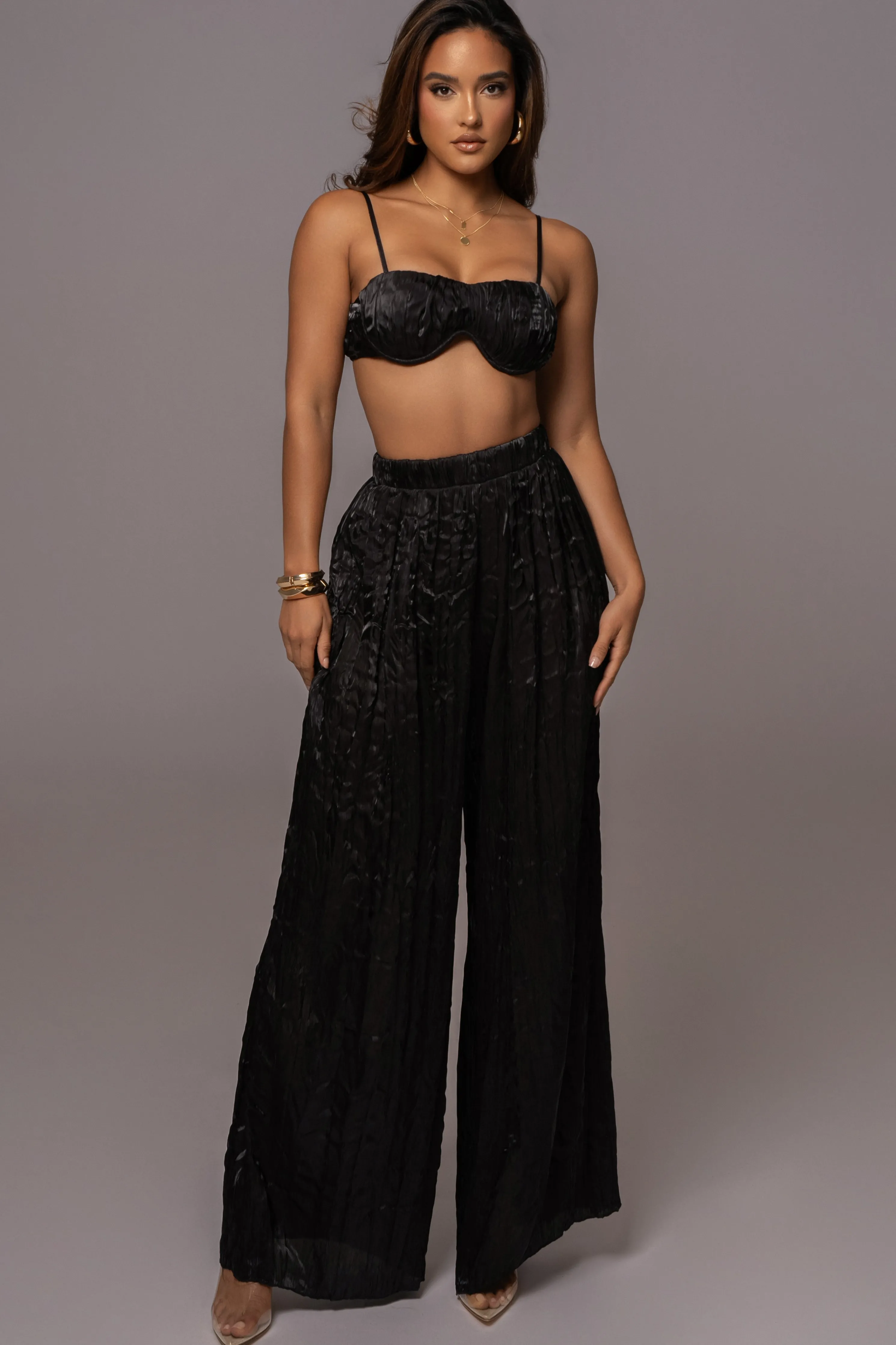 Black Lets Get Away Satin Pant Set