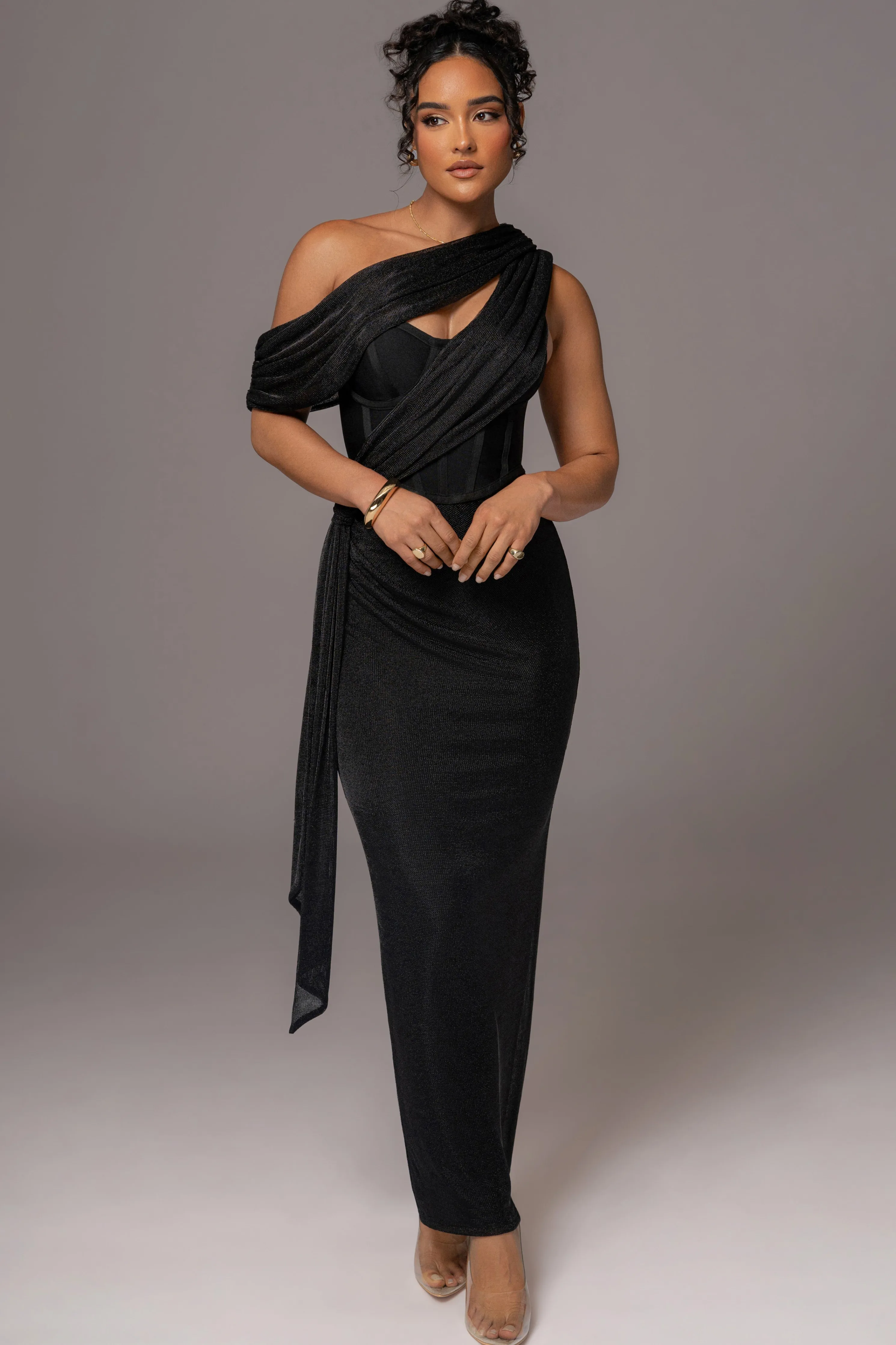 Black Metallic Celestina Draped Maxi Dress
