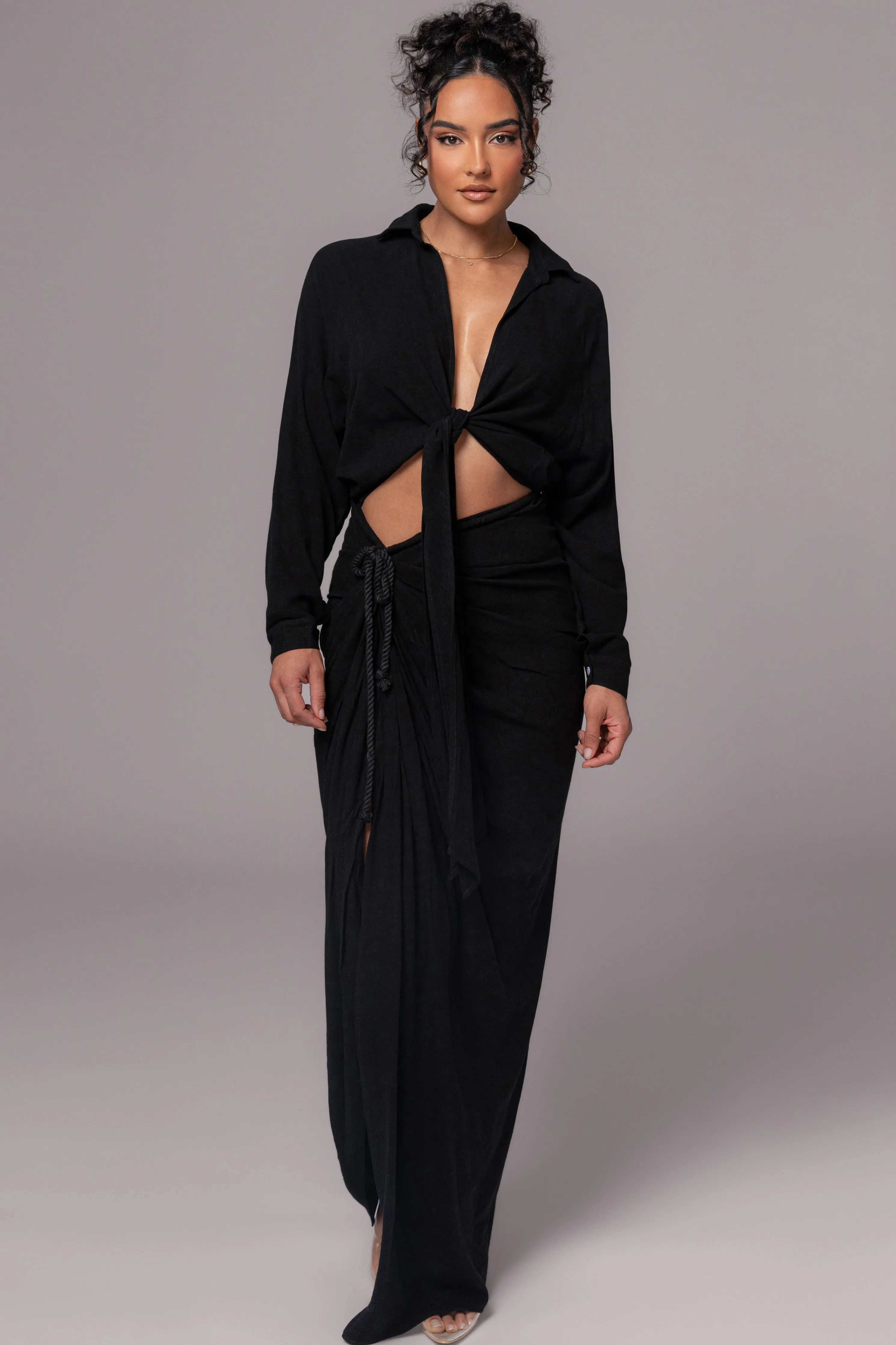 Black Noelia Linen Slit Skirt