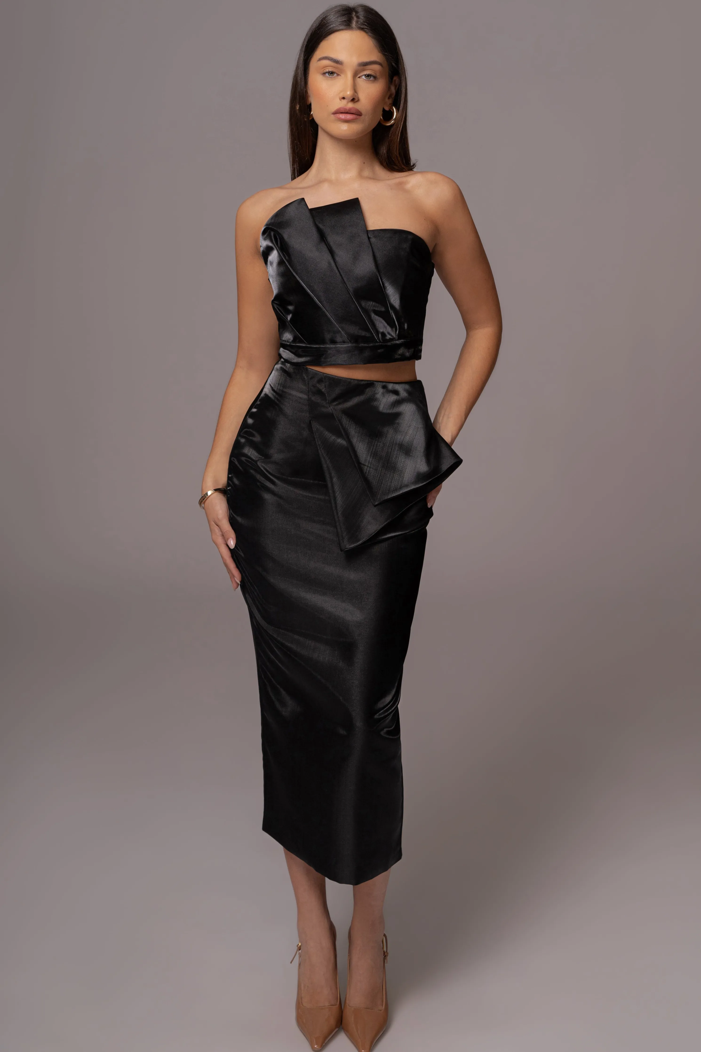 Black Reception Pleated Midi Skirt