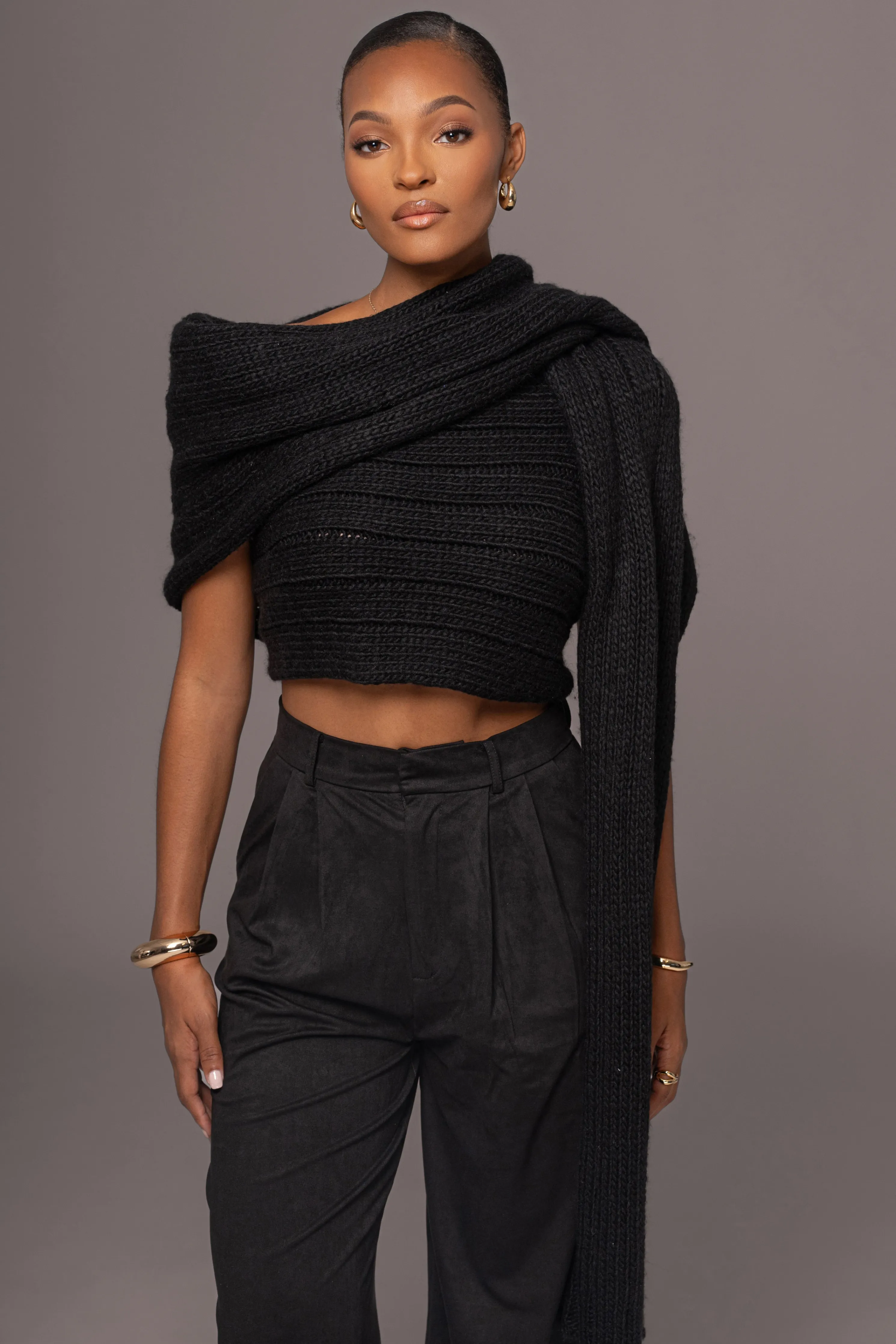 Black Soft Life Cable Knit Sweater Top