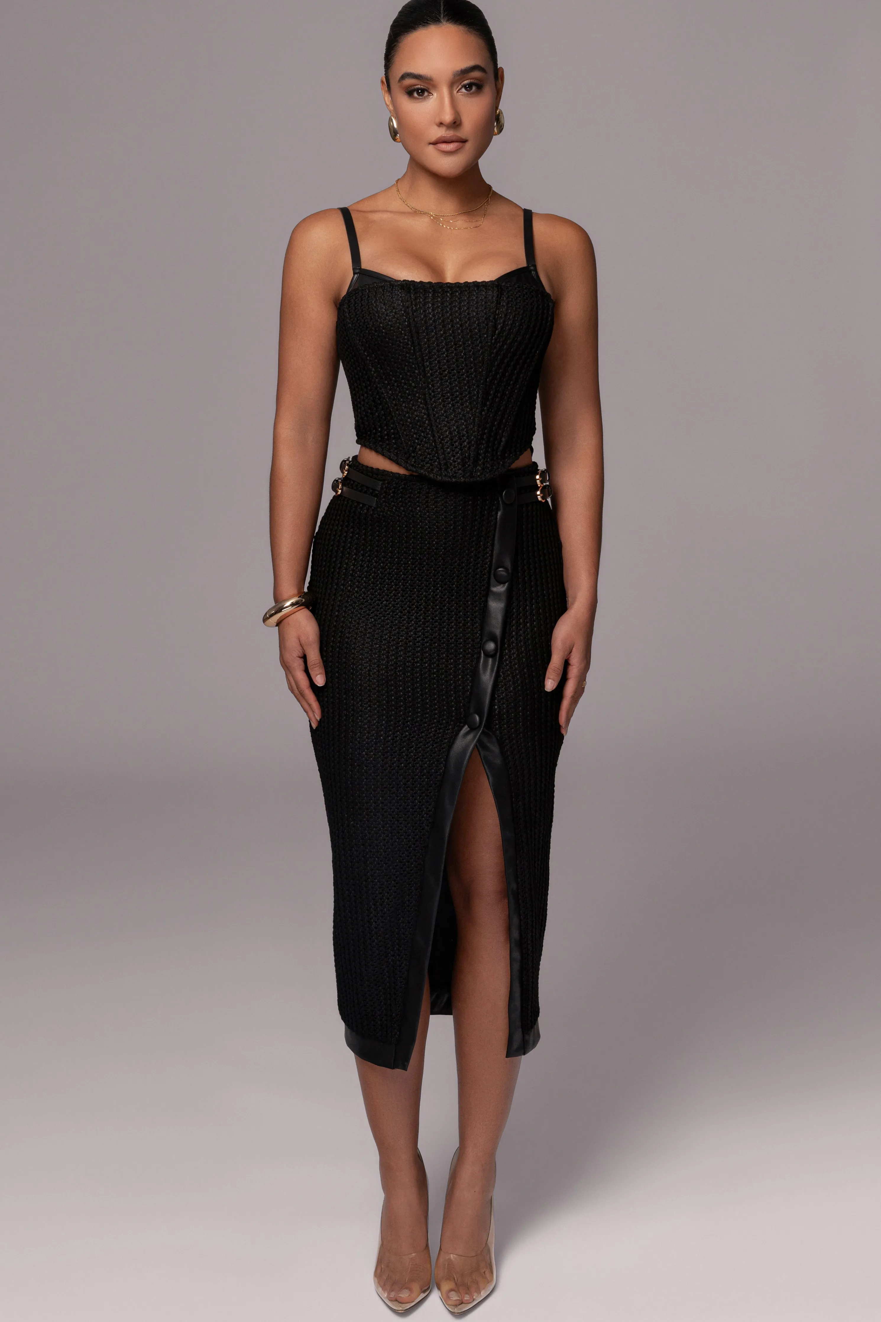 Black Textured Mystique Midi Skirt