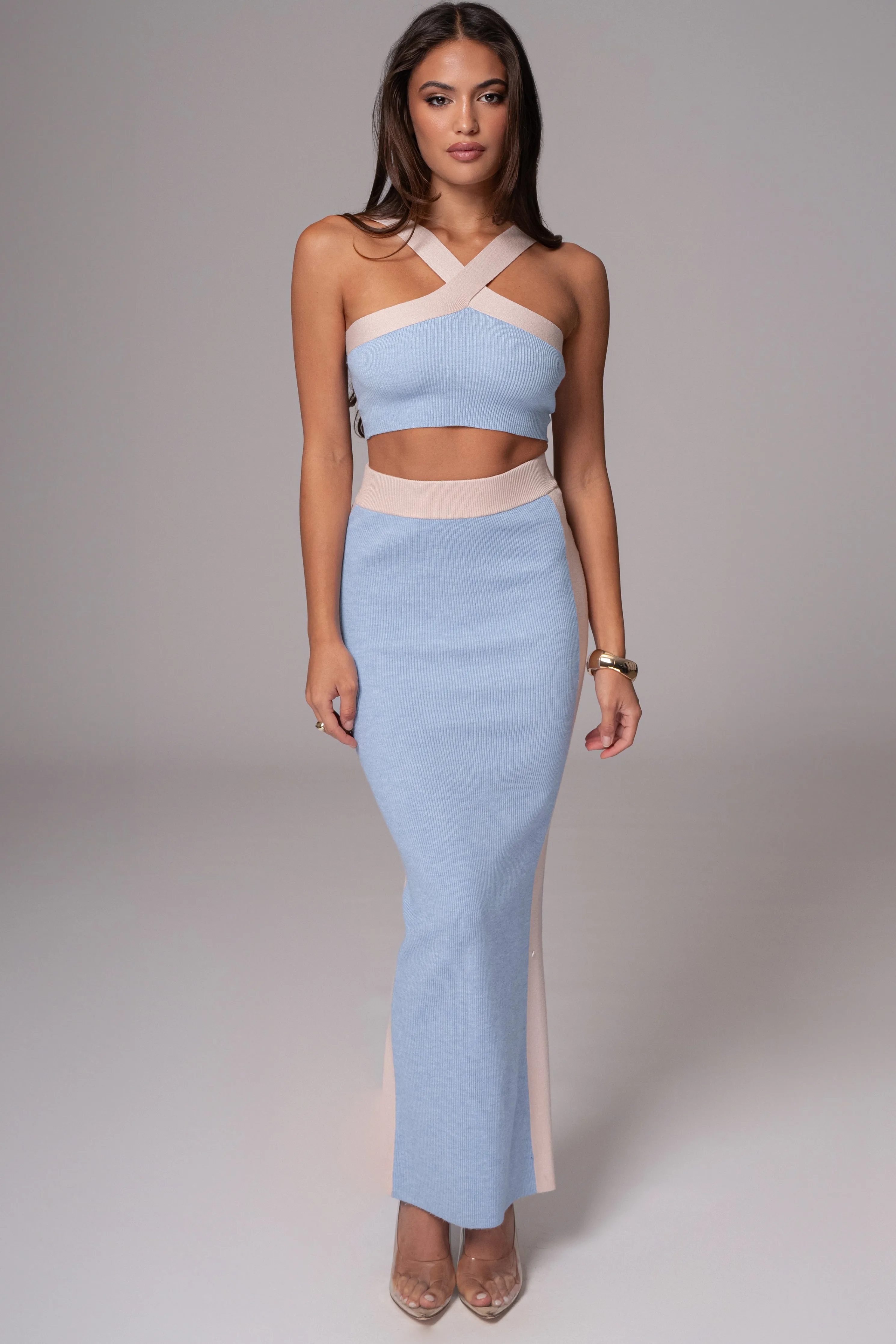 Blue/Beige Heartbreaker Two-Piece Skirt Set