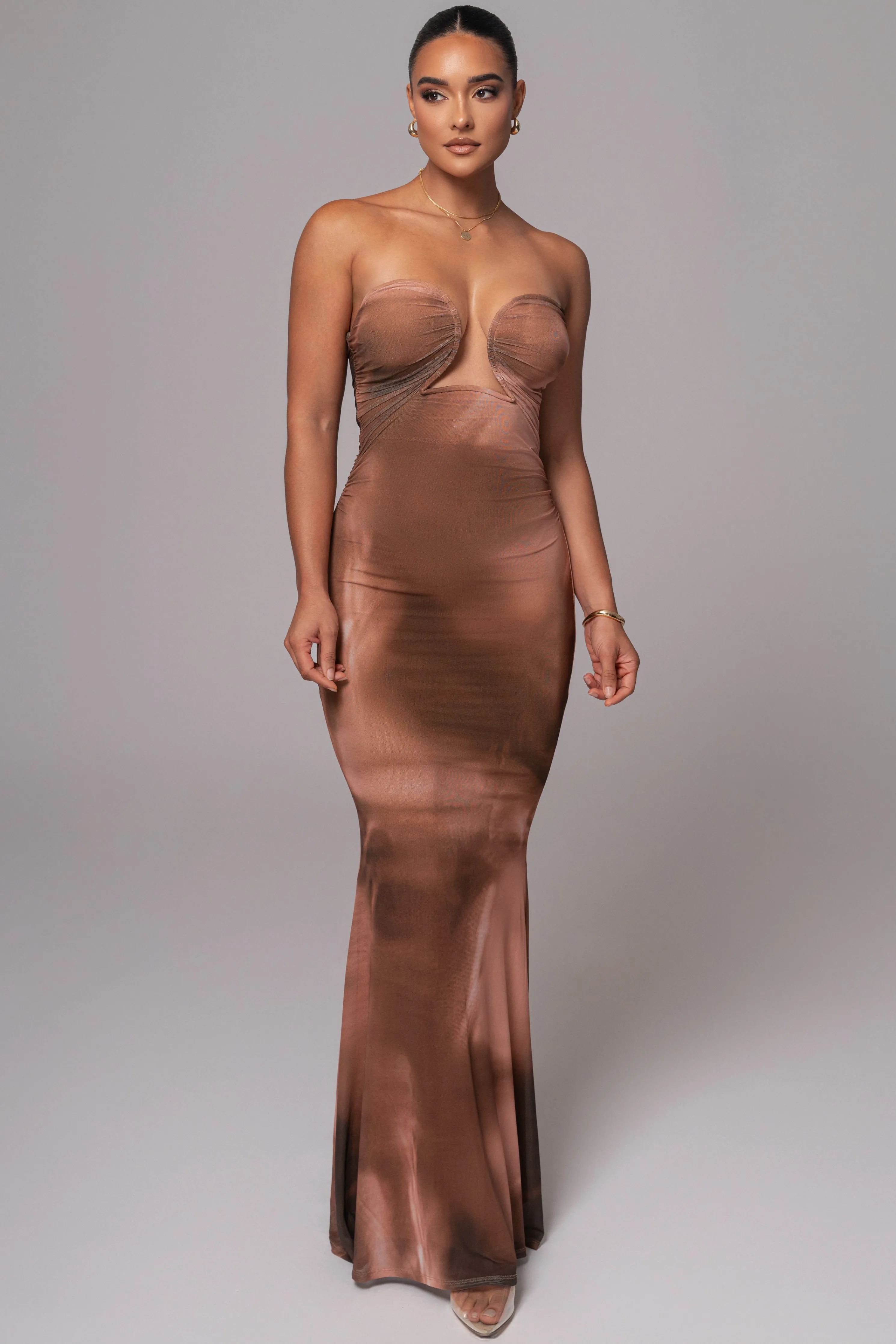 Brown Abstract Bethany Strapless Maxi Dress