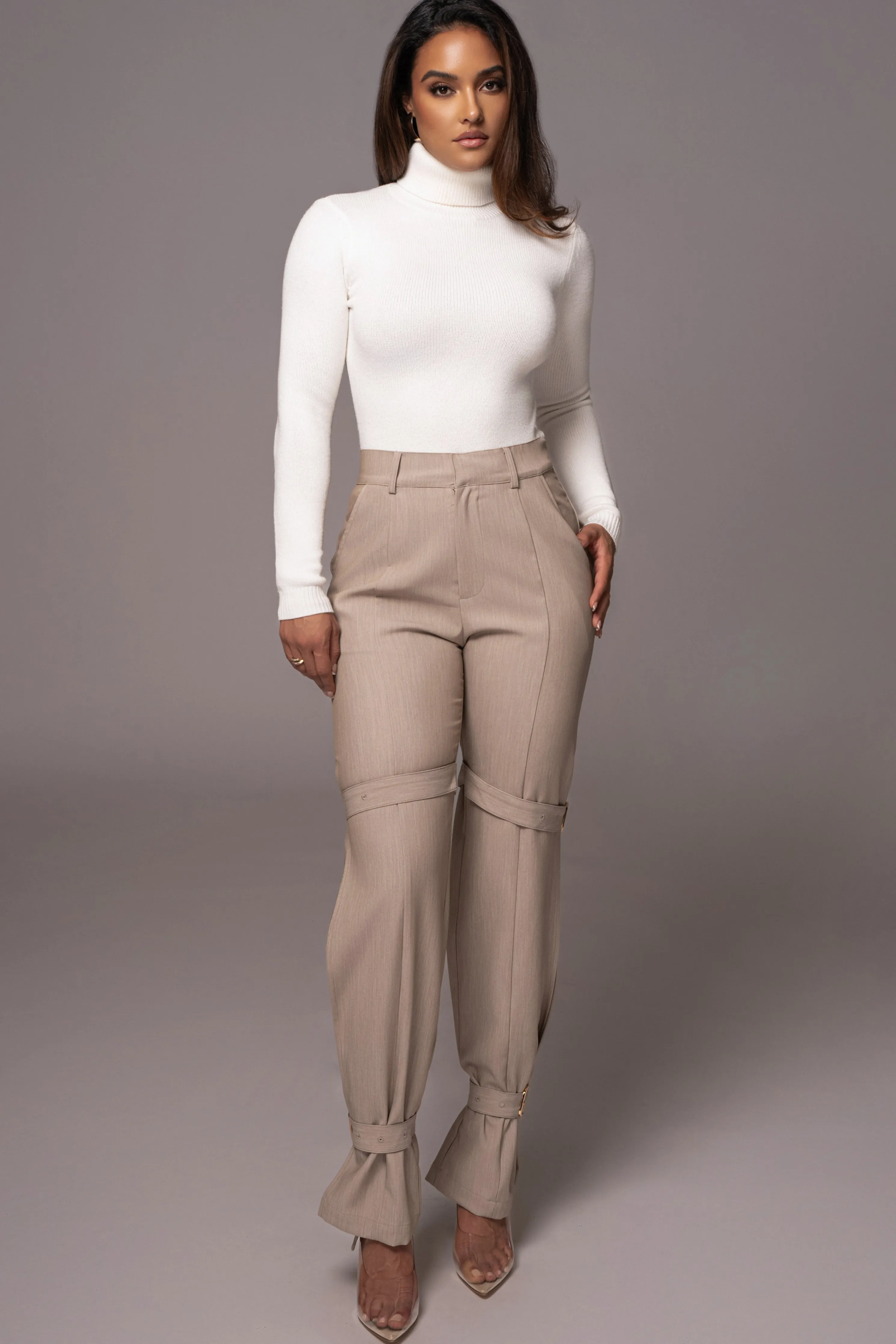 Brown Refined Belted Leg Pants