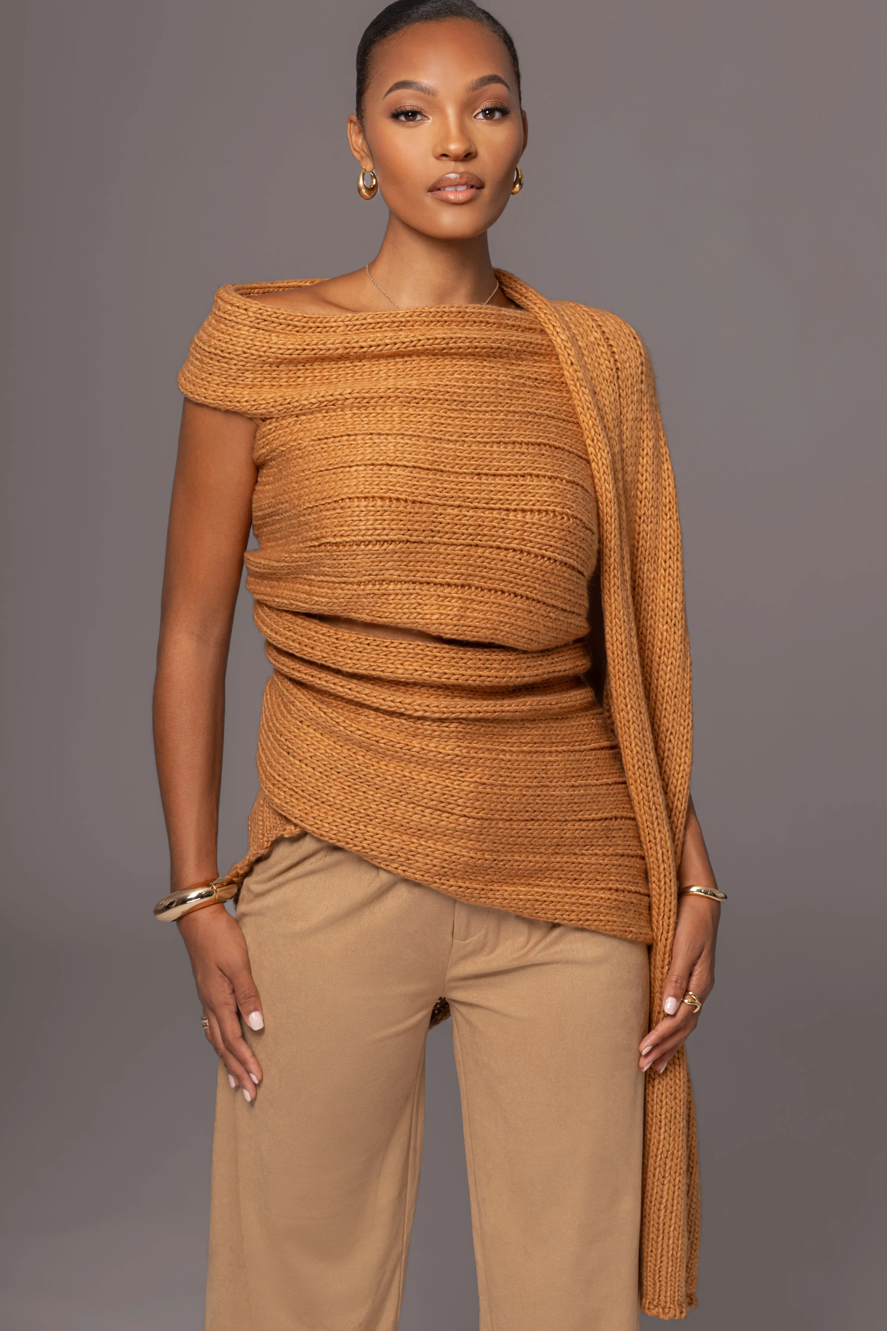 Camel Soft Life Cable Knit Sweater Top
