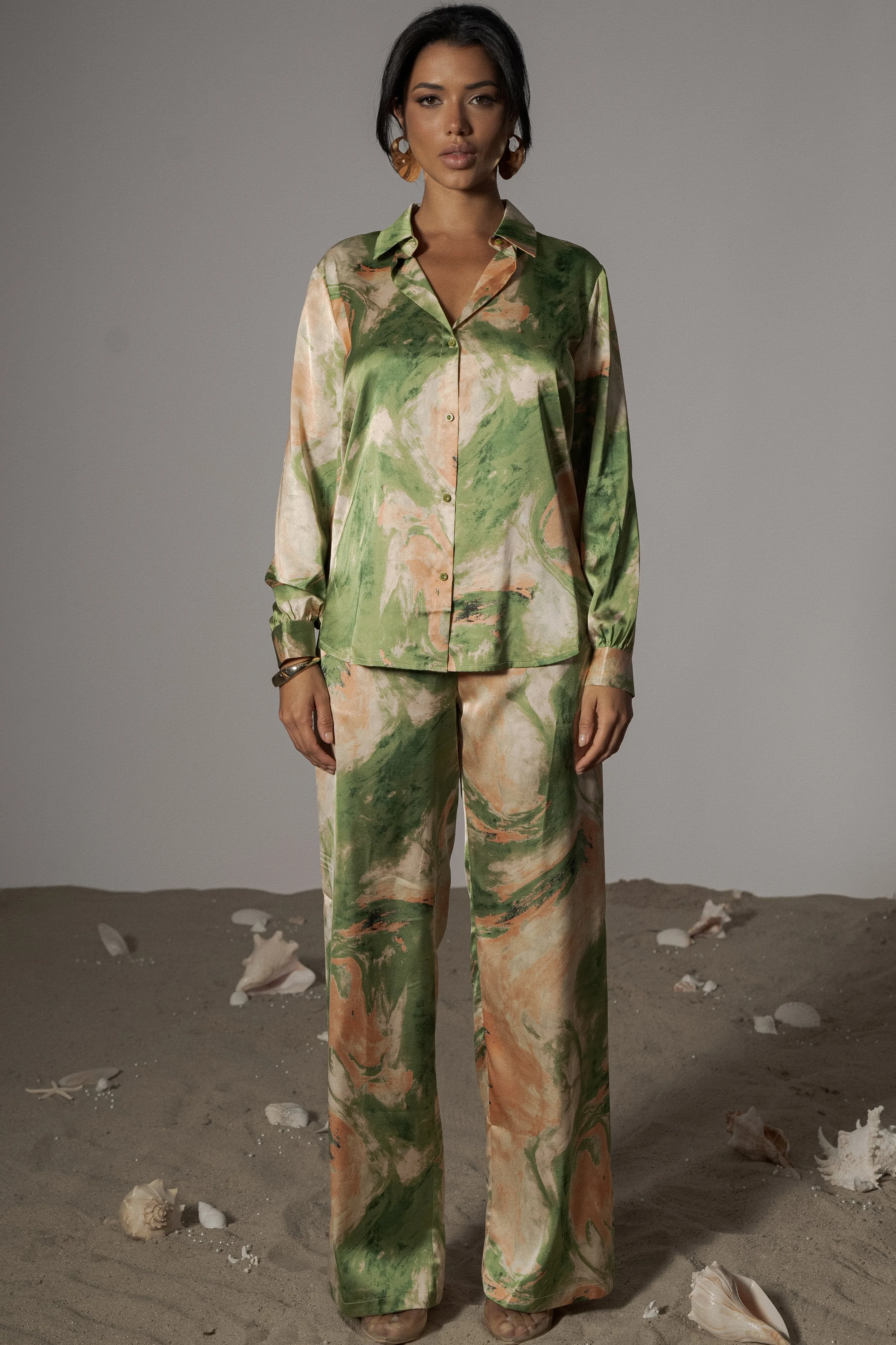 Green Hidden Gems Satin Pant Set