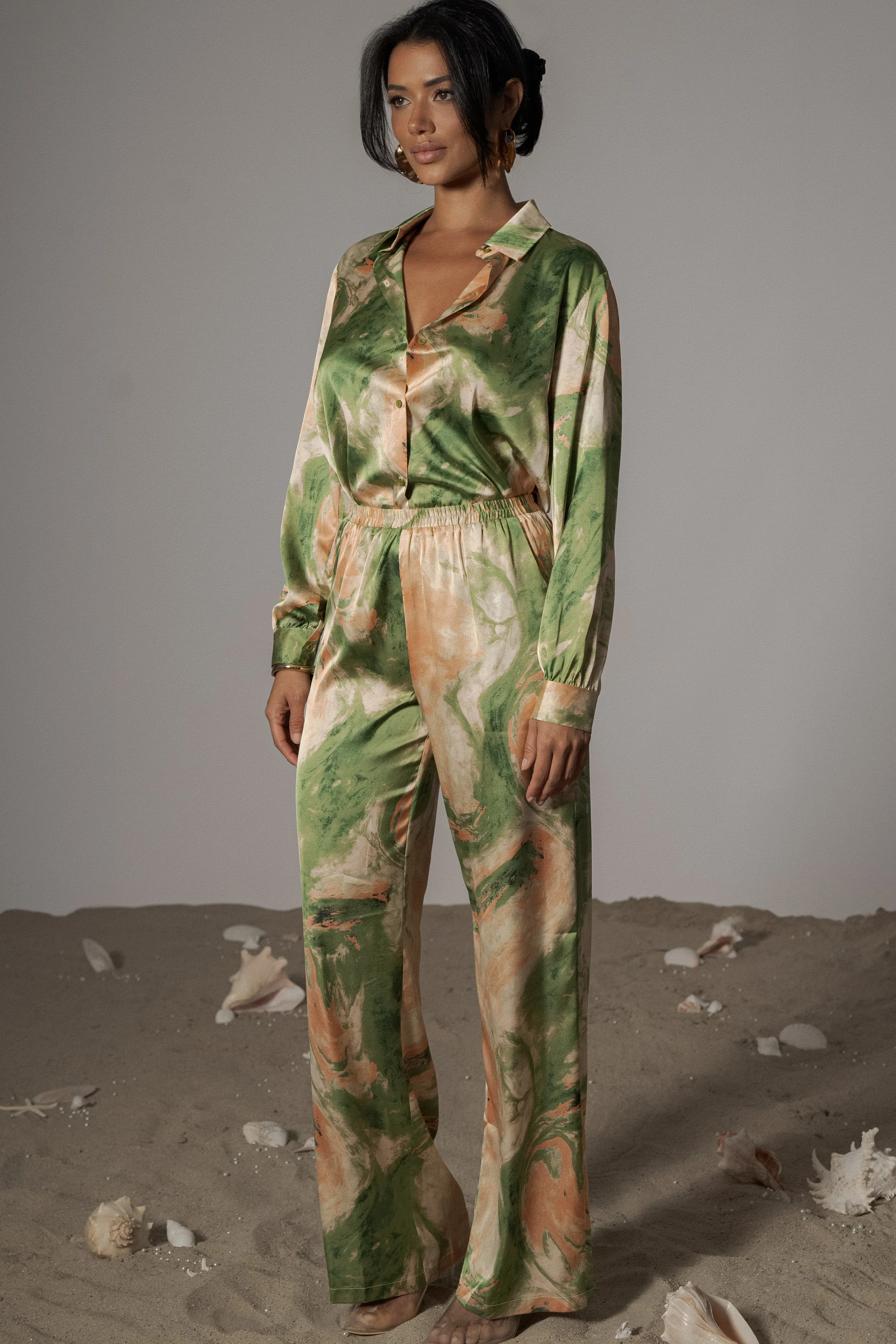 Green Hidden Gems Satin Pant Set