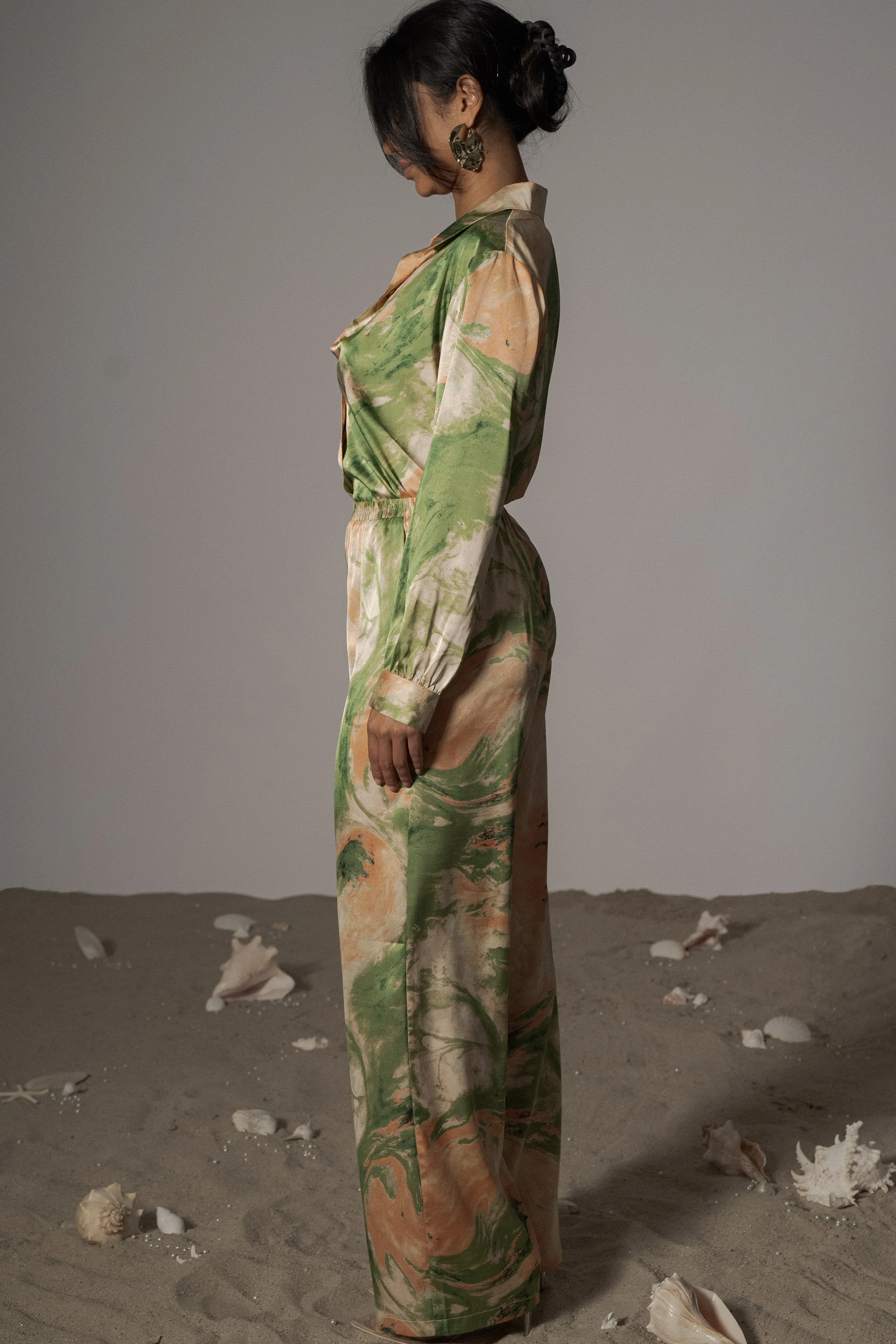 Green Hidden Gems Satin Pant Set