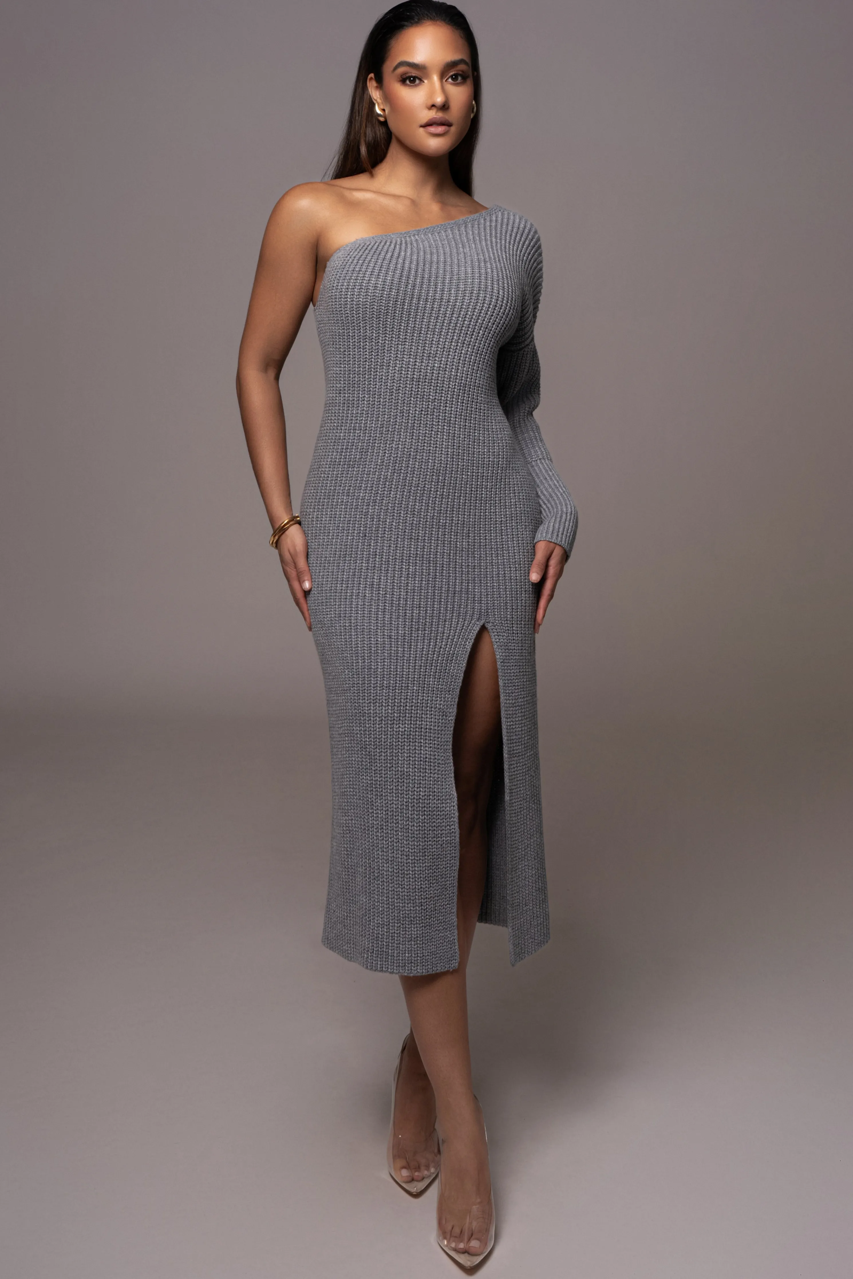 Grey Long Knit Sweater Dress
