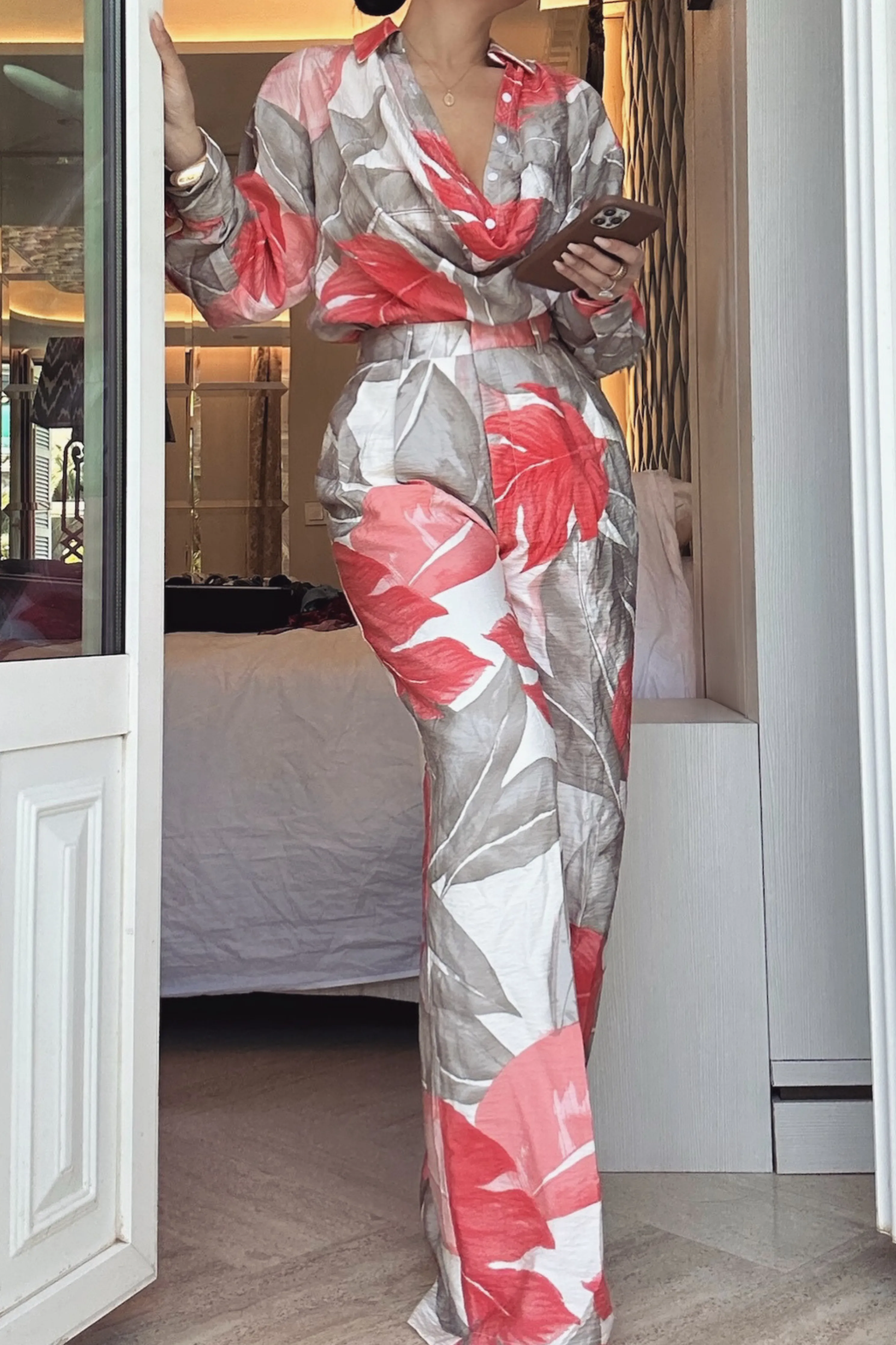 Ivory Palm Print Drew Crinkled Trousers