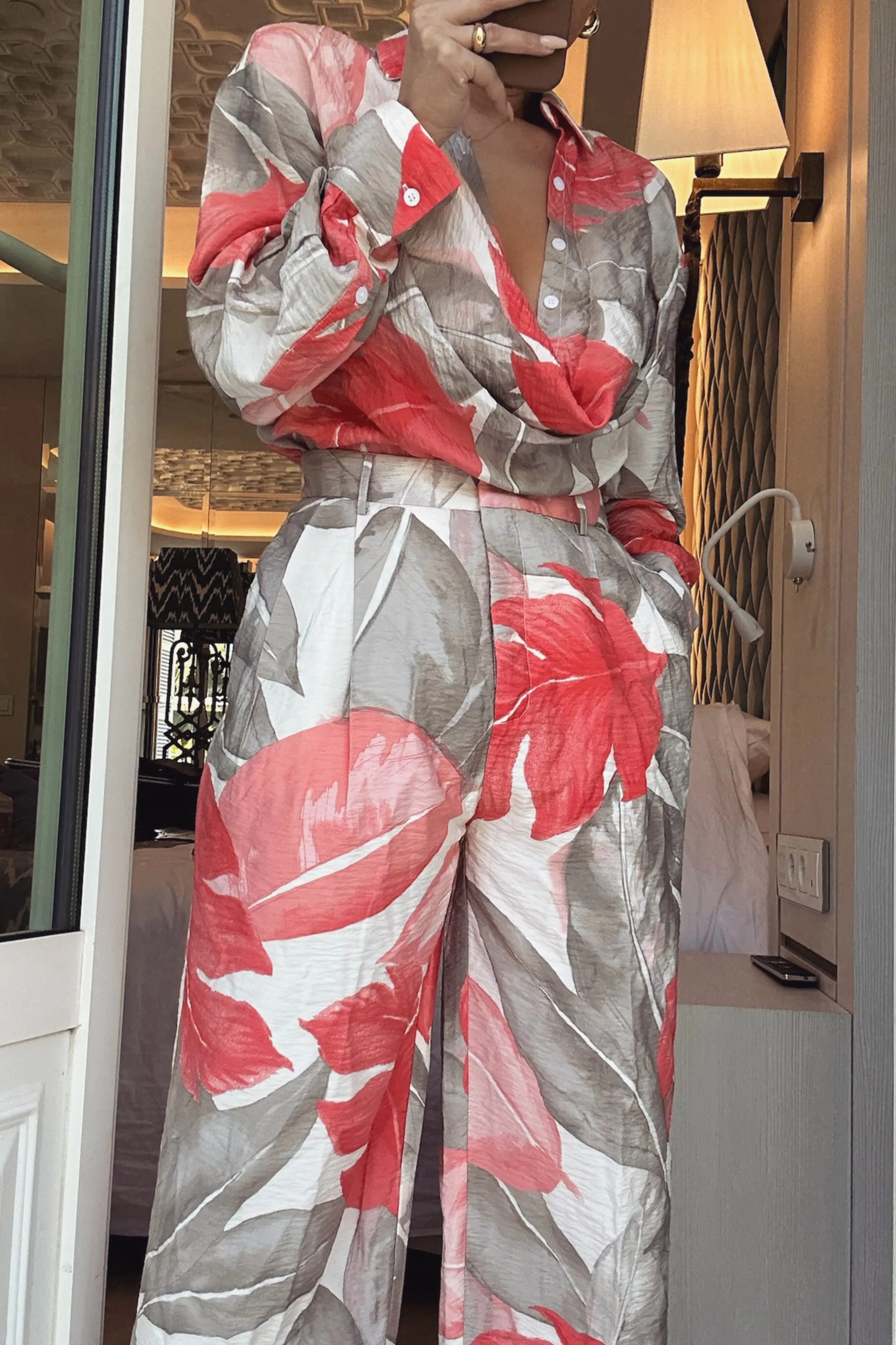 Ivory Palm Print Greta Collared Top