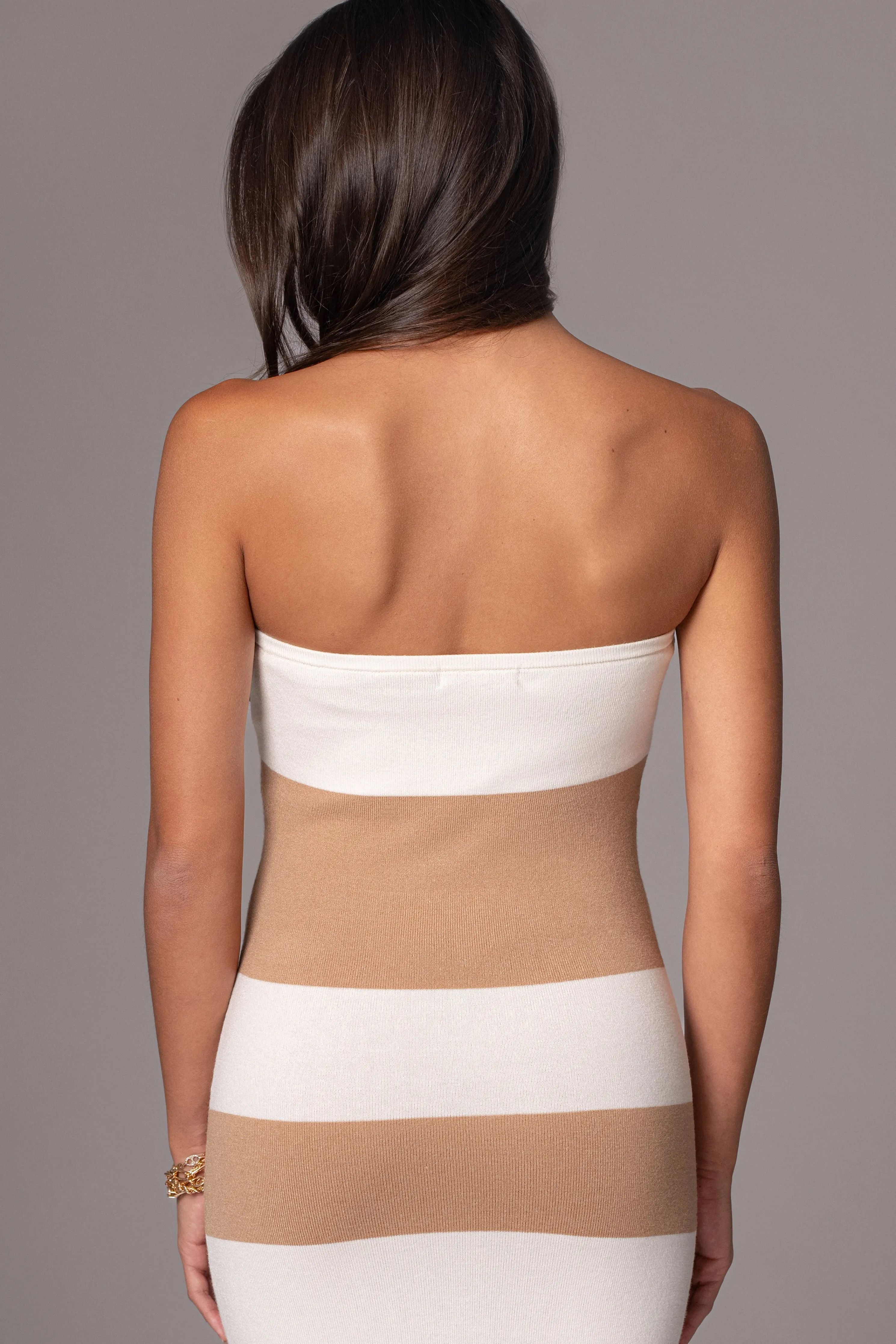 Ivory/Beige Striped Strapless Midi Dress