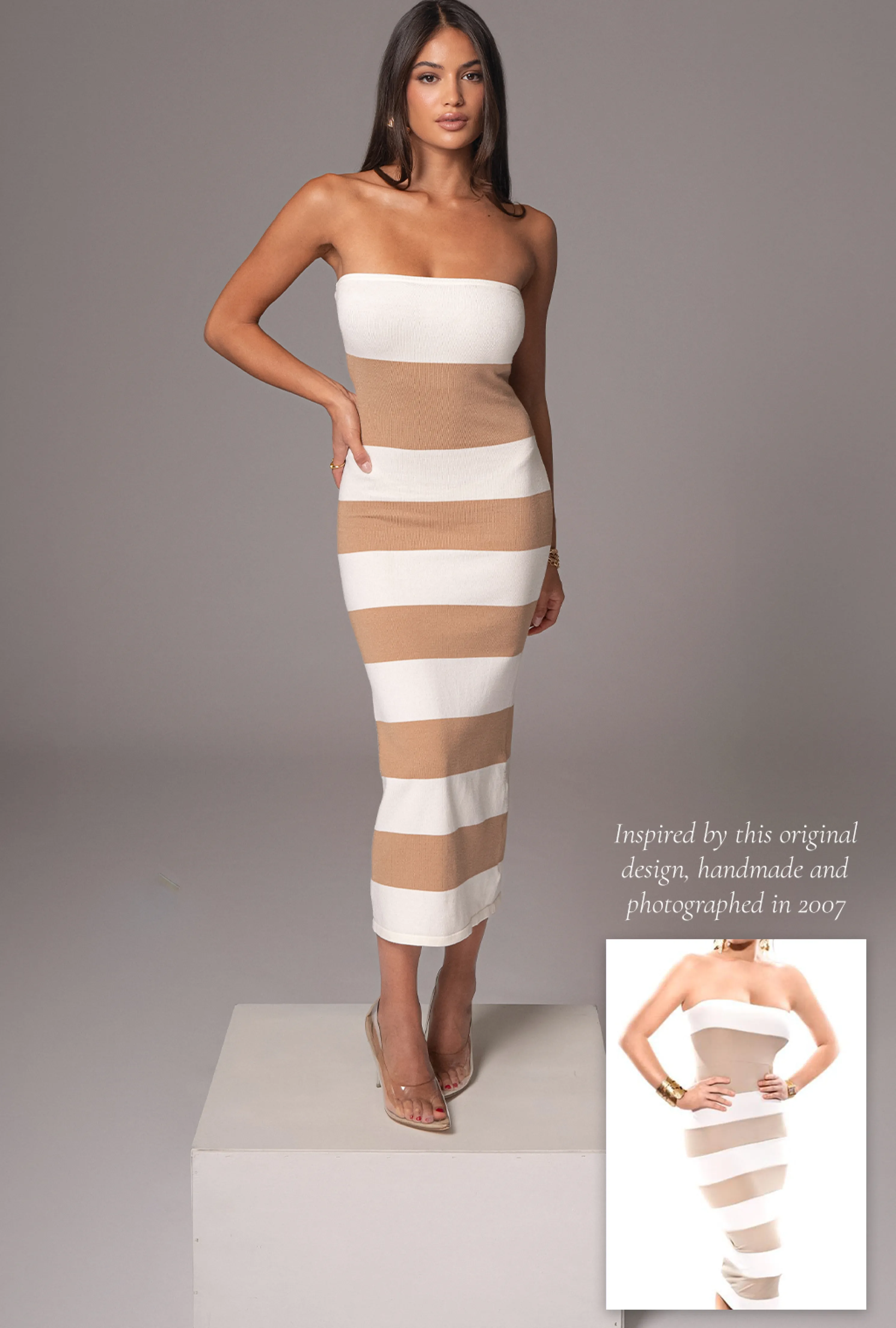 Ivory/Beige Striped Strapless Midi Dress
