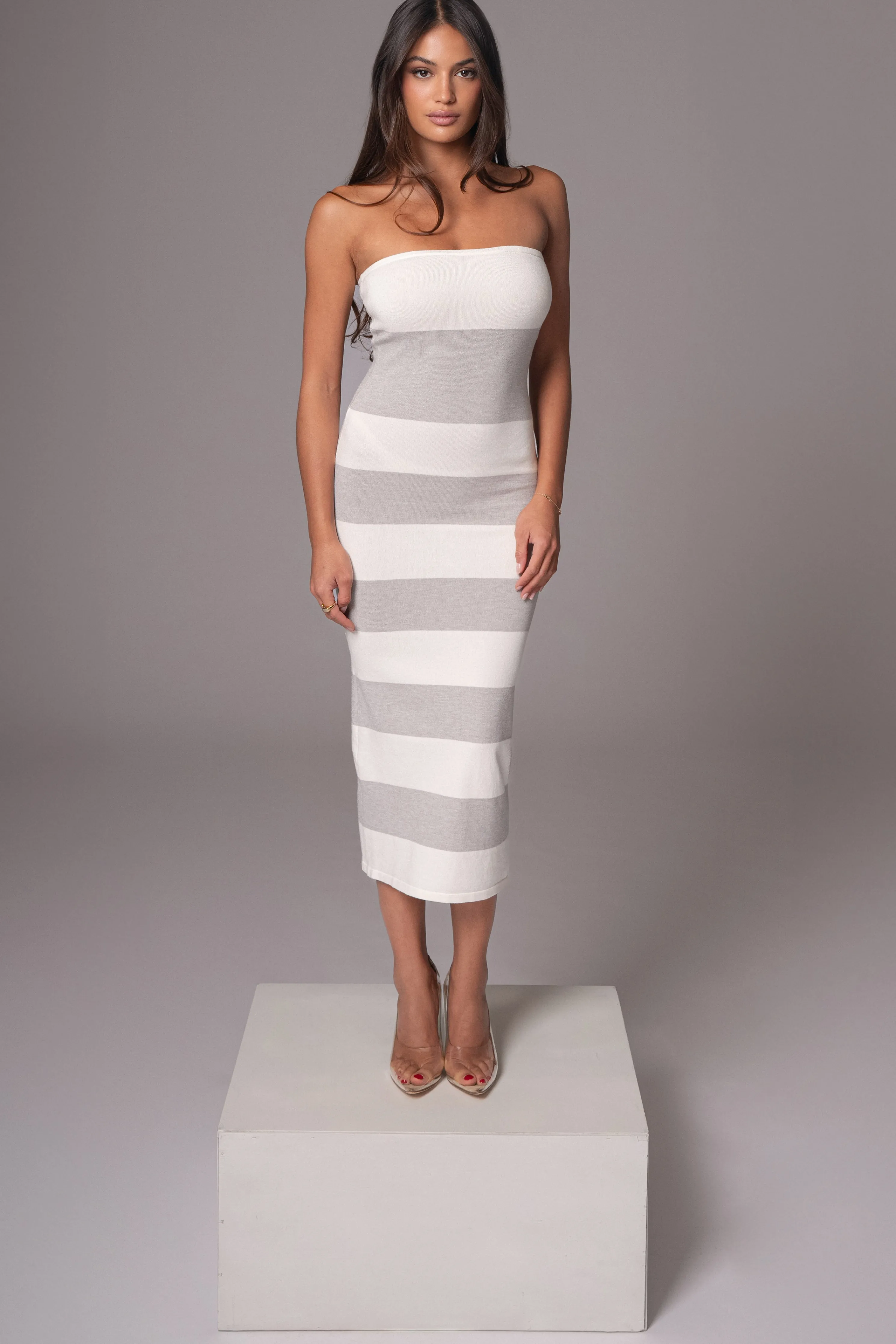 Ivory/Heather Grey Striped Strapless Midi Dress