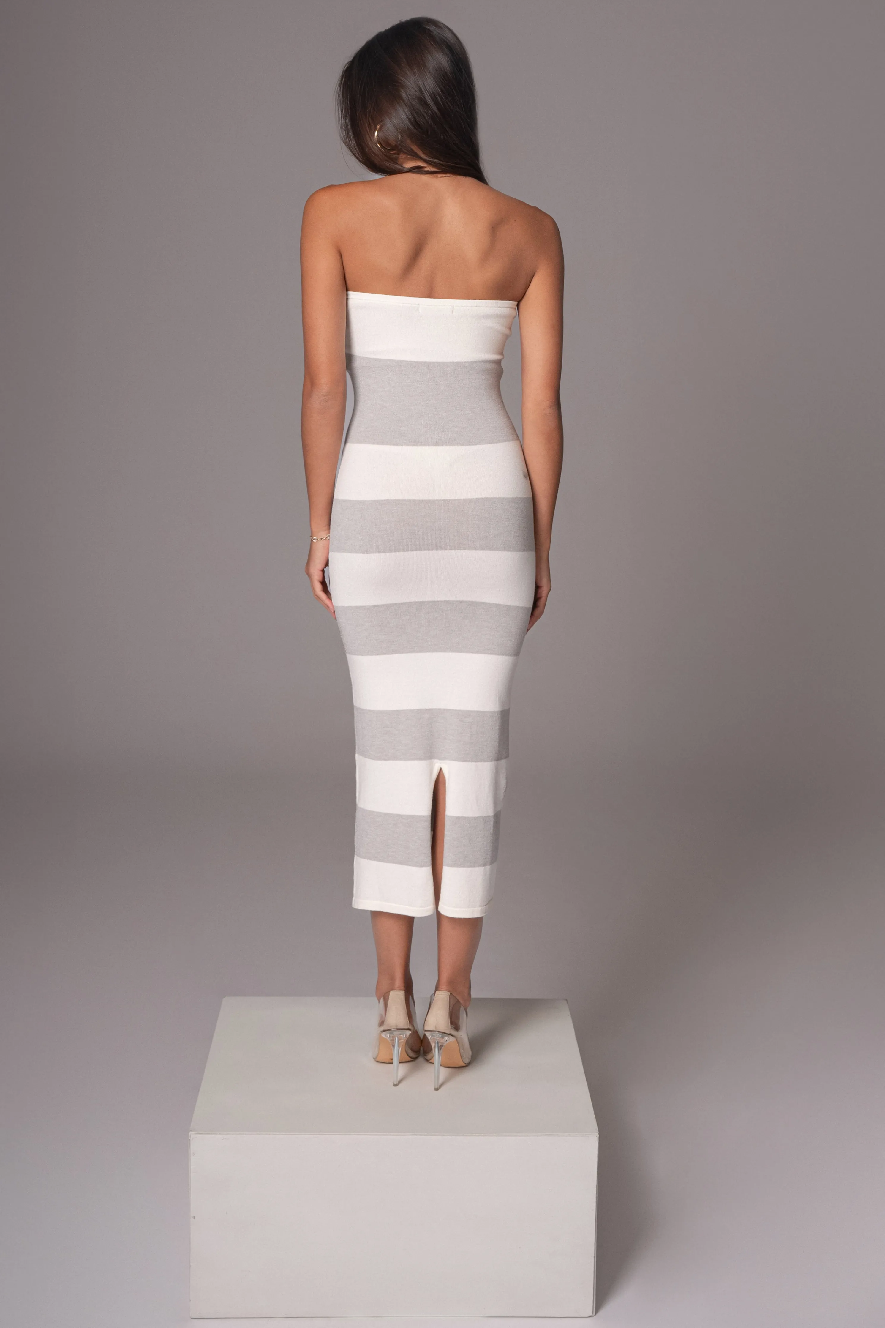 Ivory/Heather Grey Striped Strapless Midi Dress