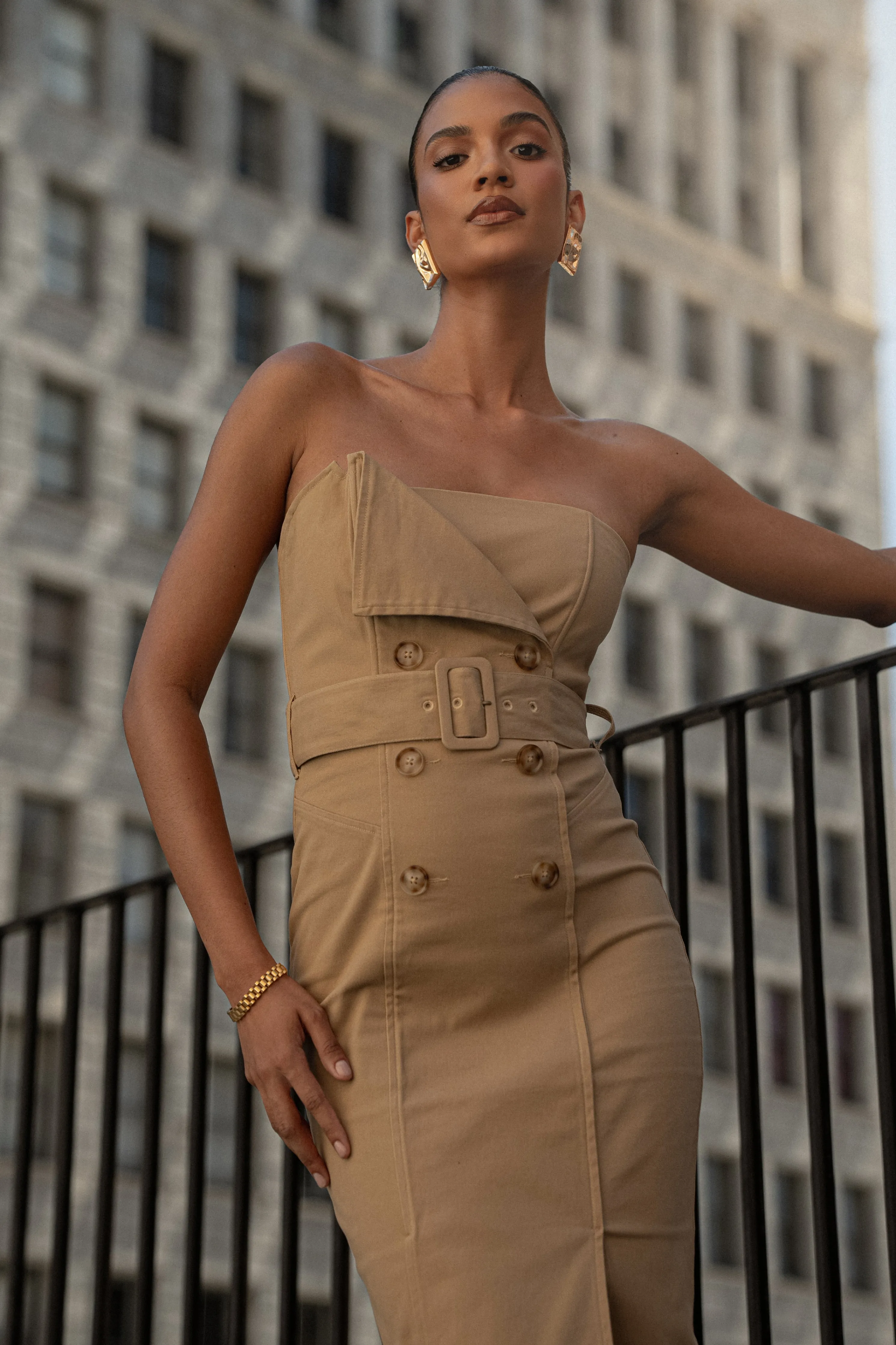 Khaki Asymmetric Belted Midi Dress