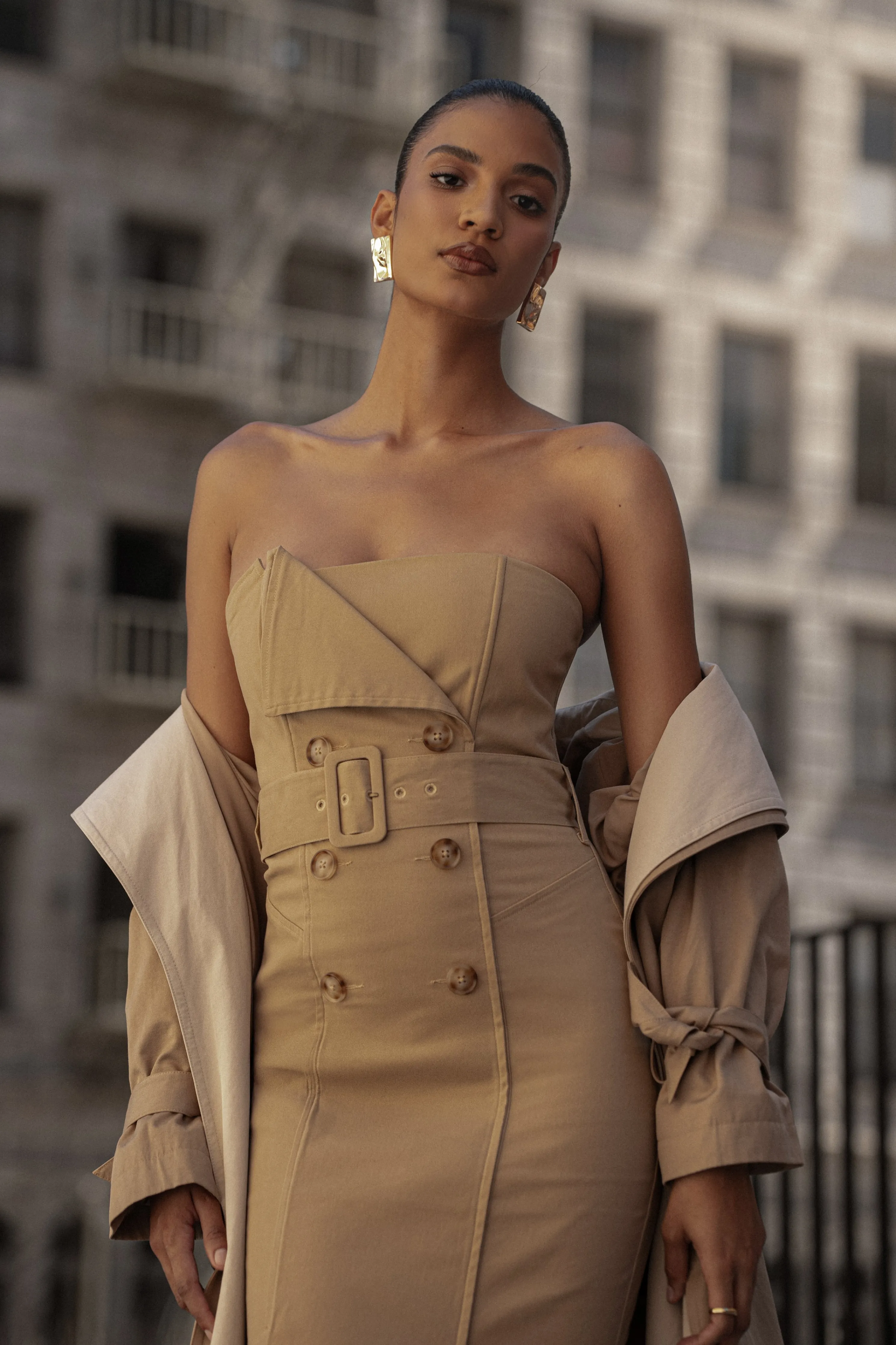 Khaki Asymmetric Belted Midi Dress