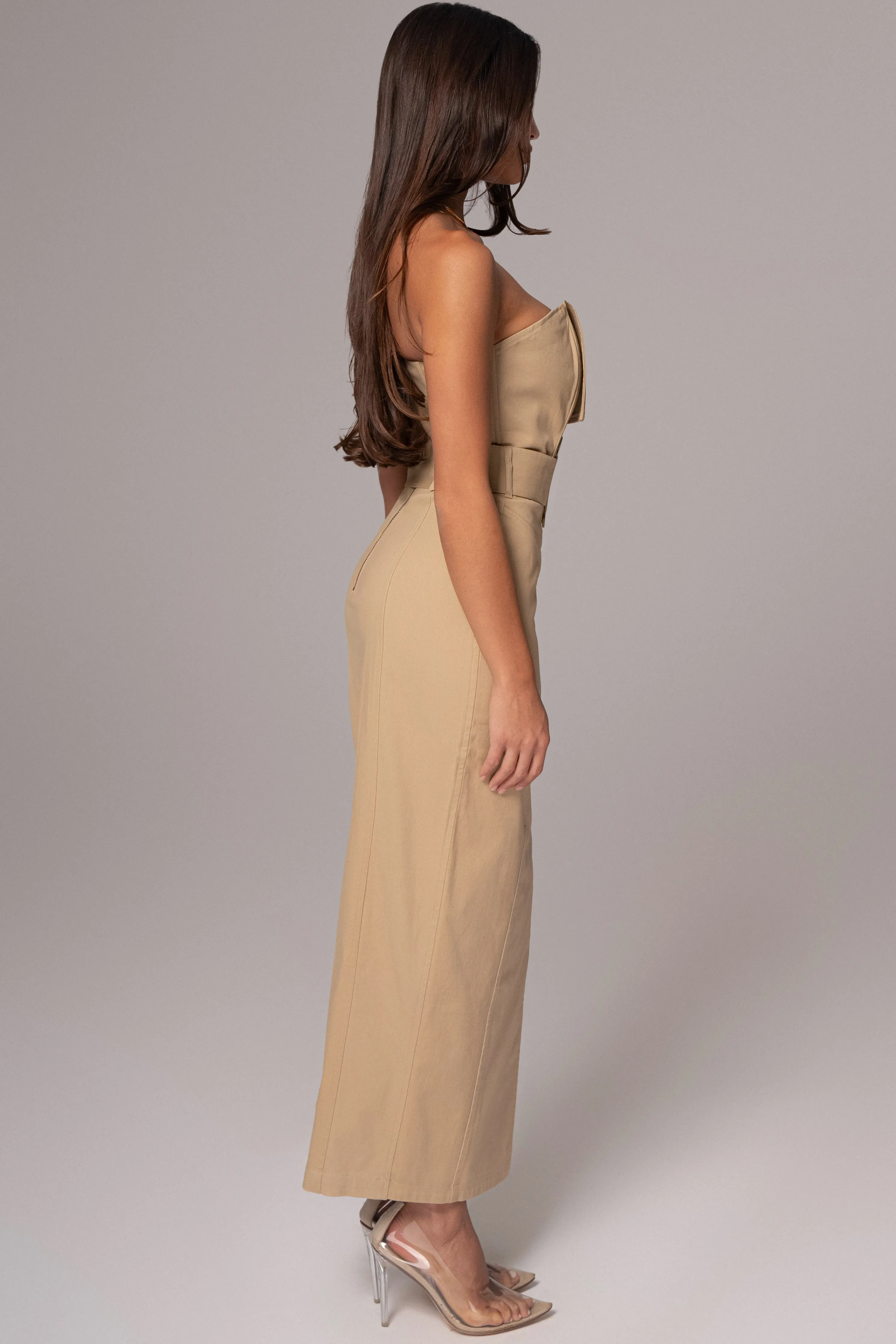 Khaki Asymmetric Belted Midi Dress