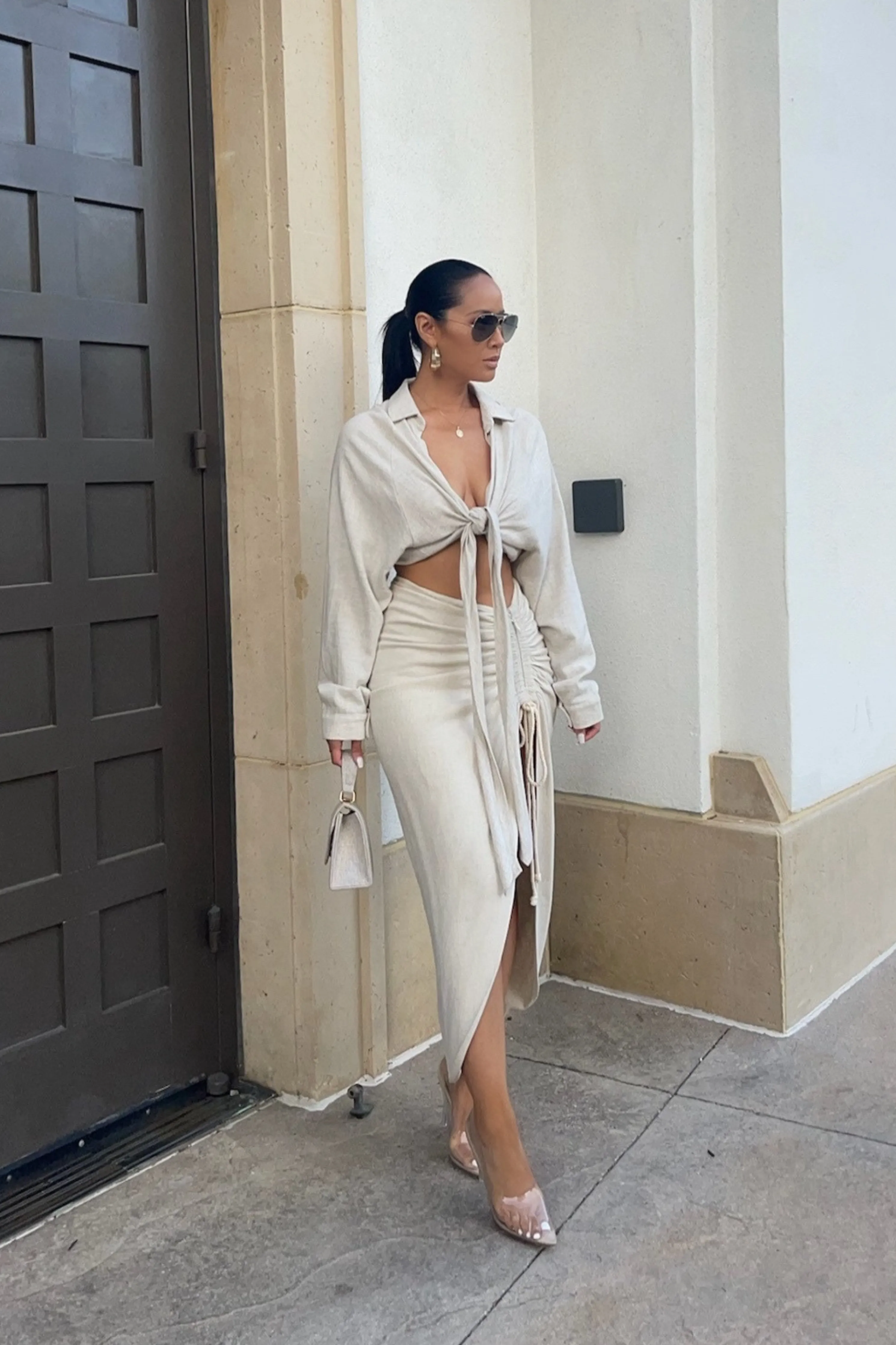 Natural Spring Ruched Linen Skirt