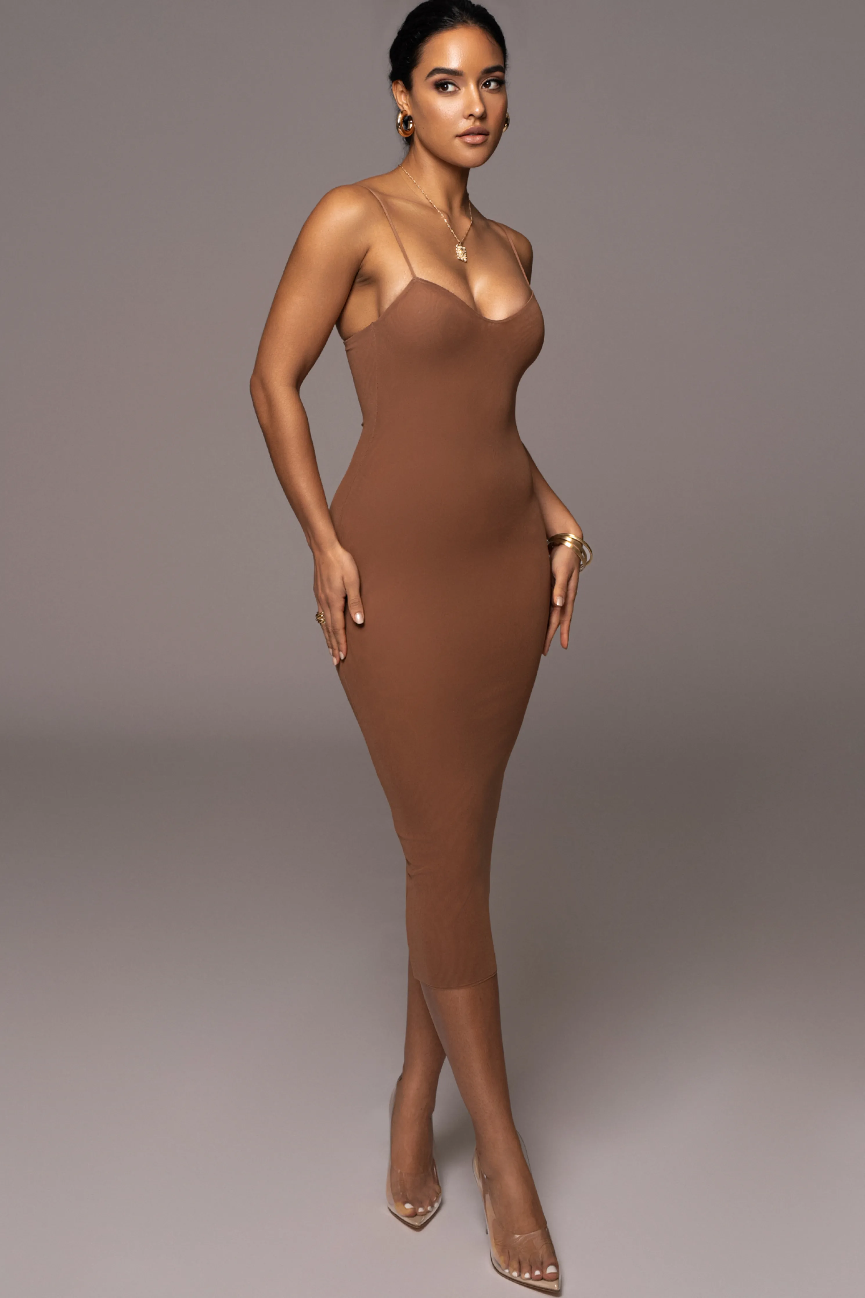 Pecan Rochelle Mesh Midi Dress