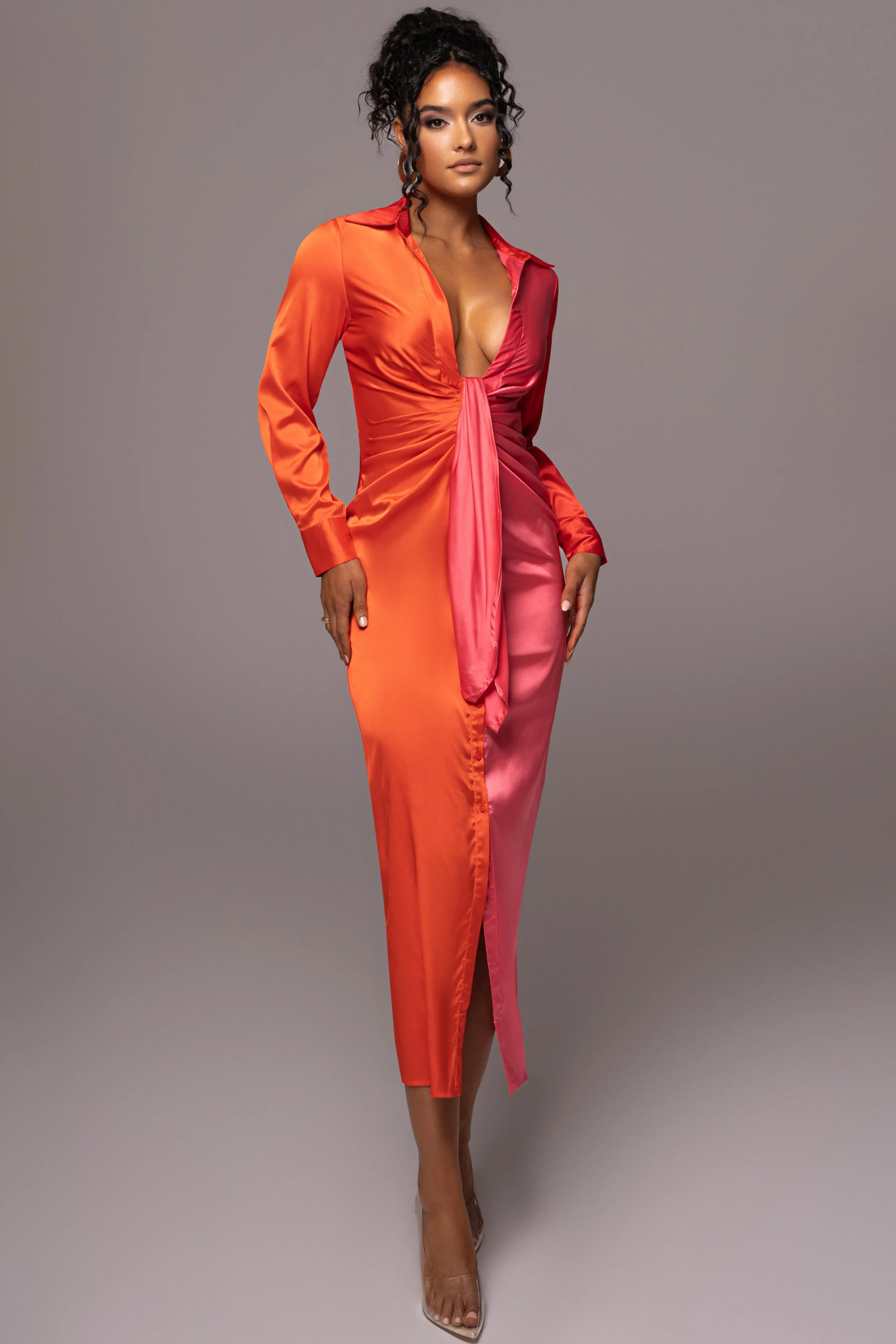 Pink Color Block Satin Midi Dress