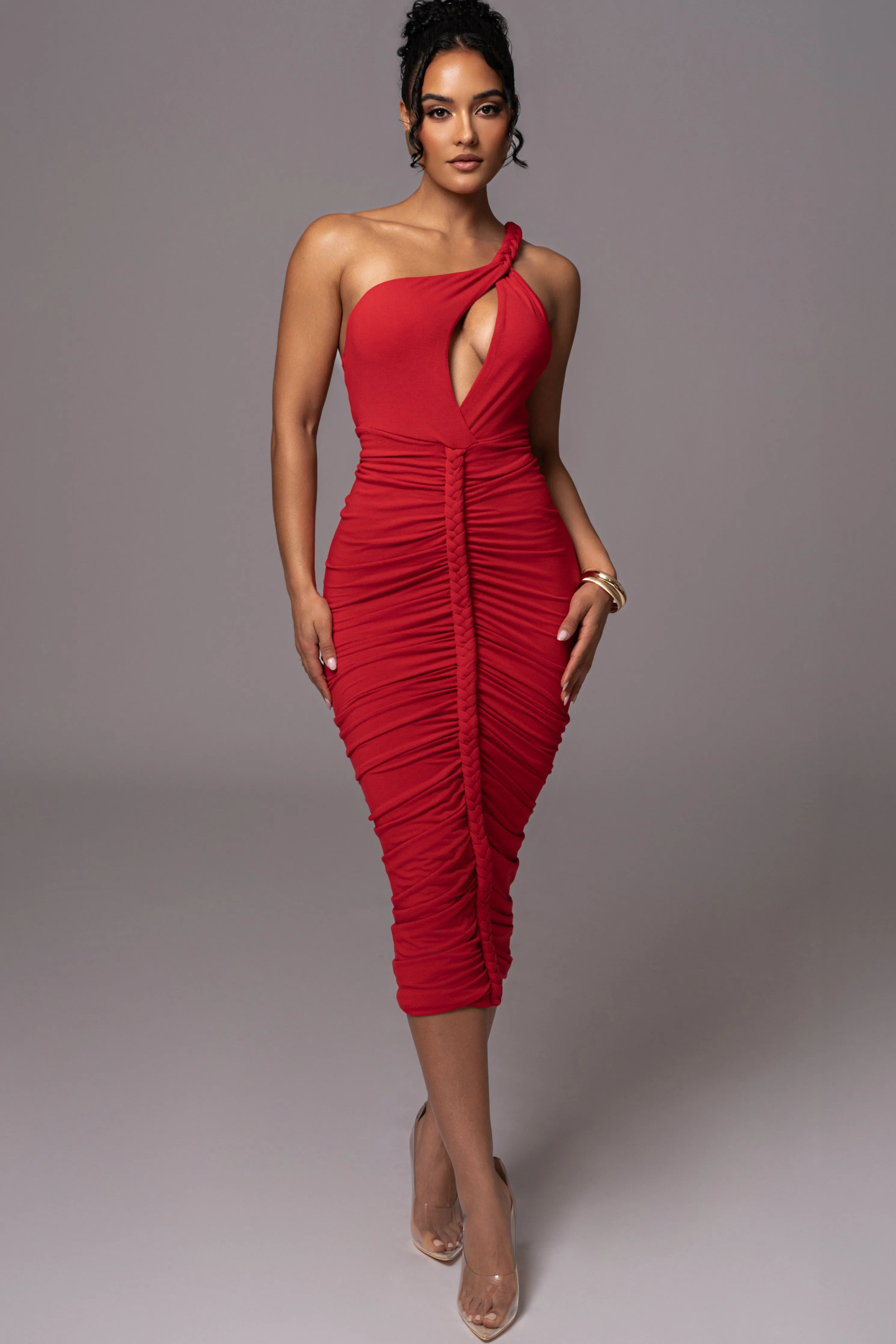 Red Jess Ruched Midi Dress