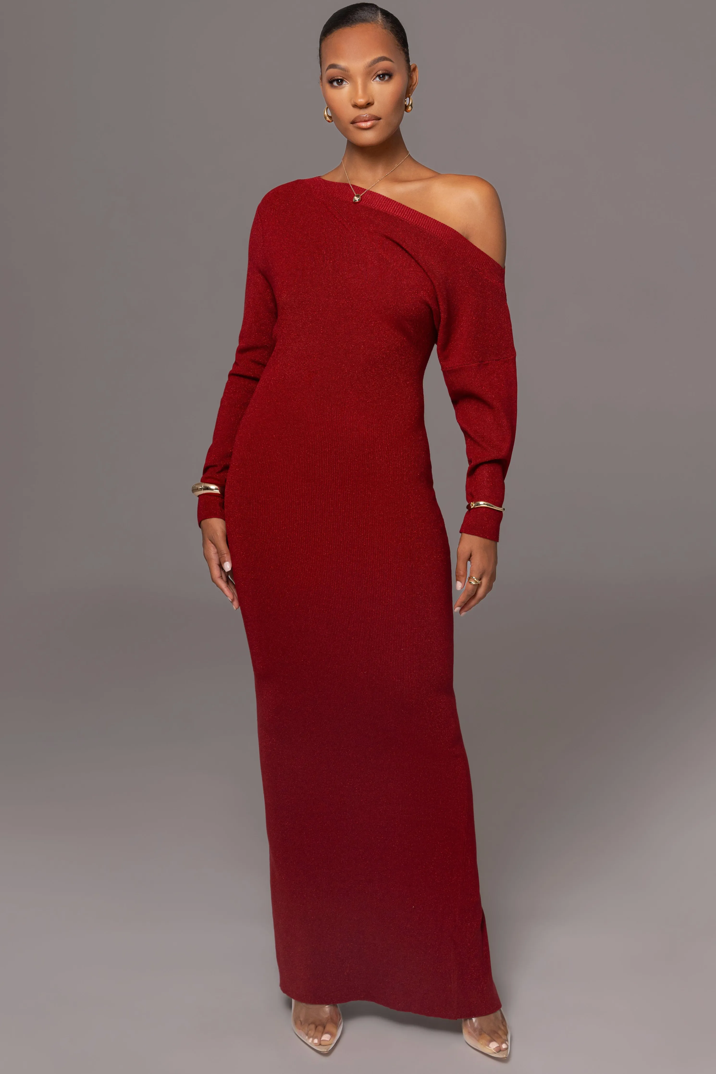 Red Night Shimmers Asymmetrical Maxi Dress