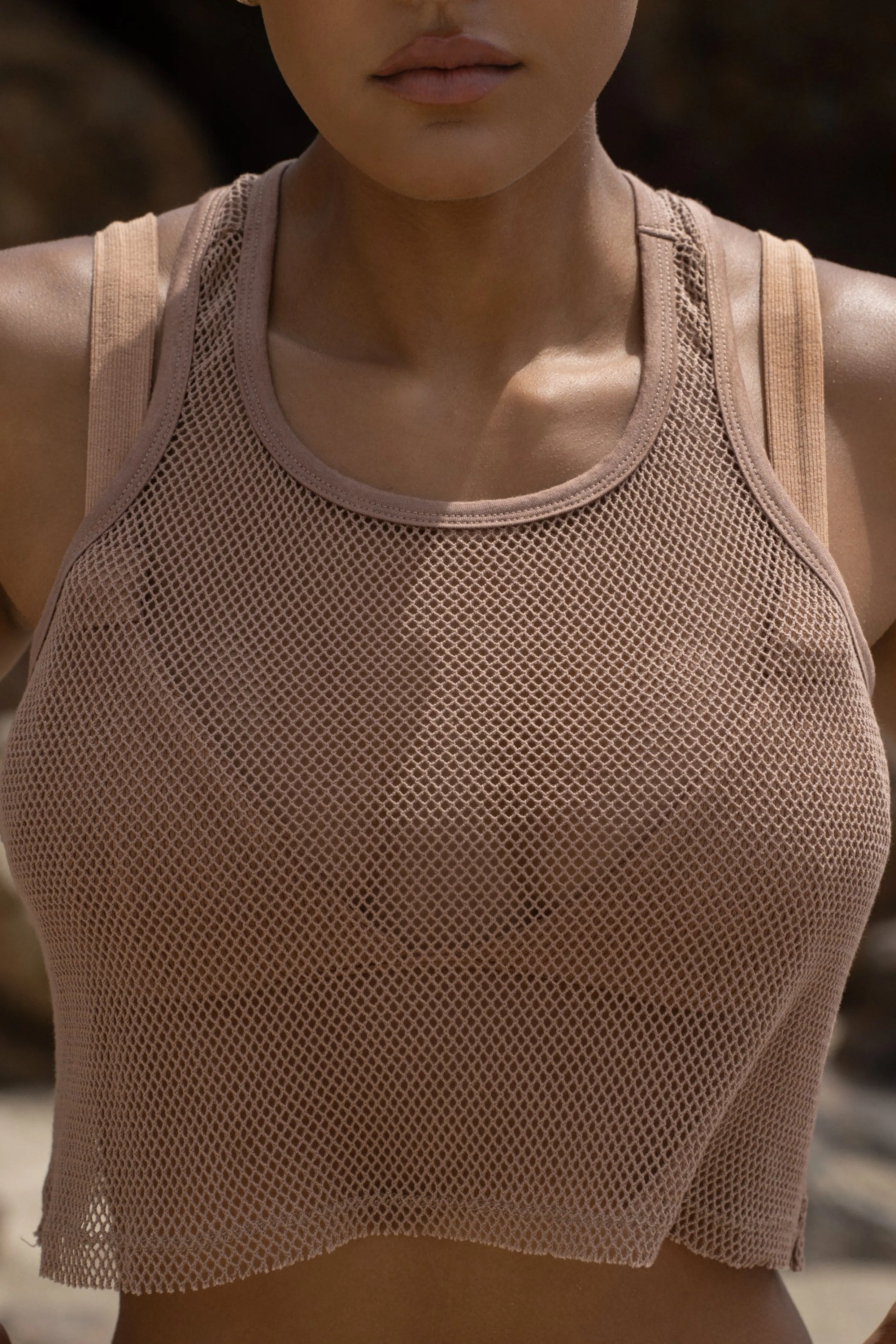Sand Fishnet Crop Tank