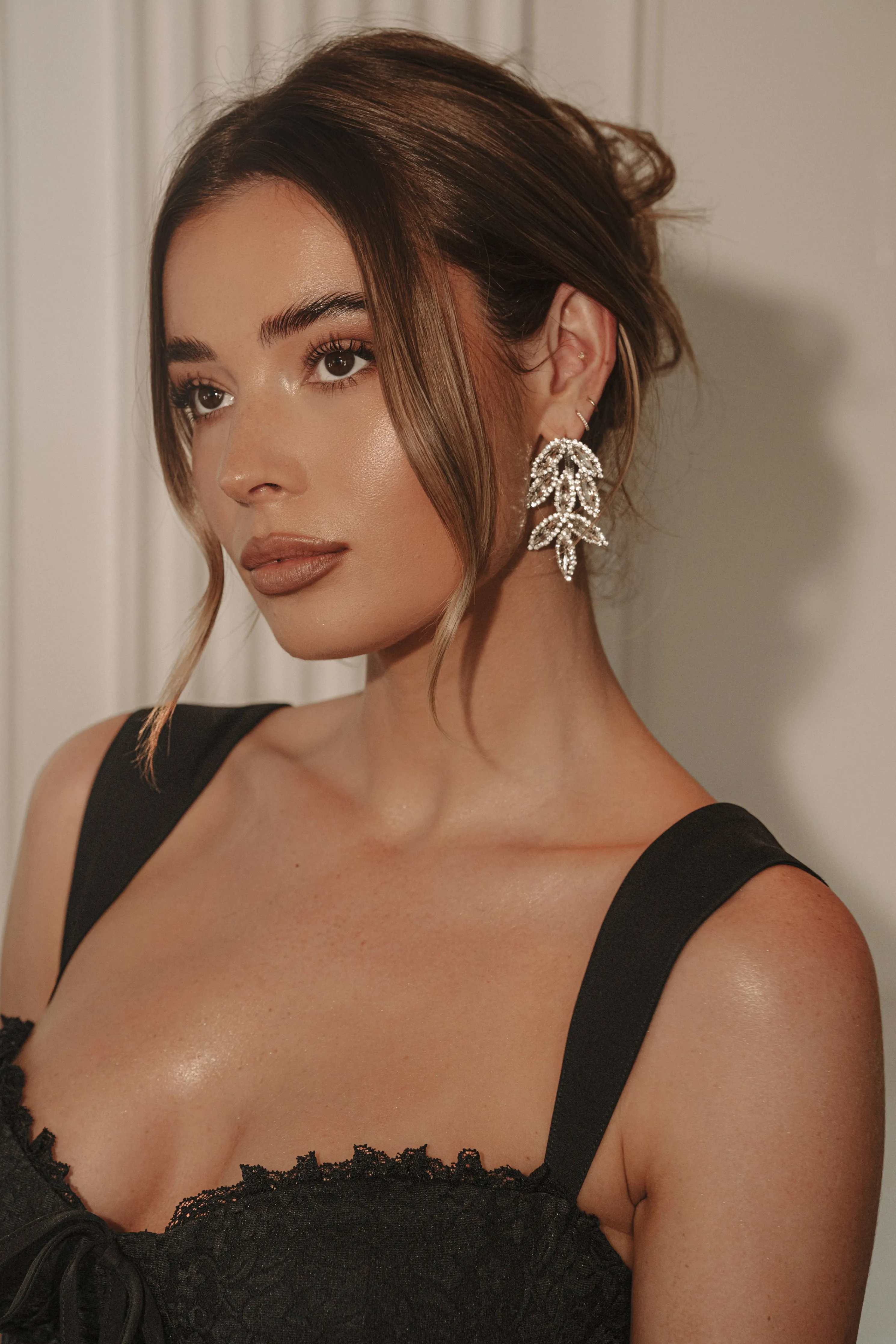 Silver Rhinestone Leaf Earrings