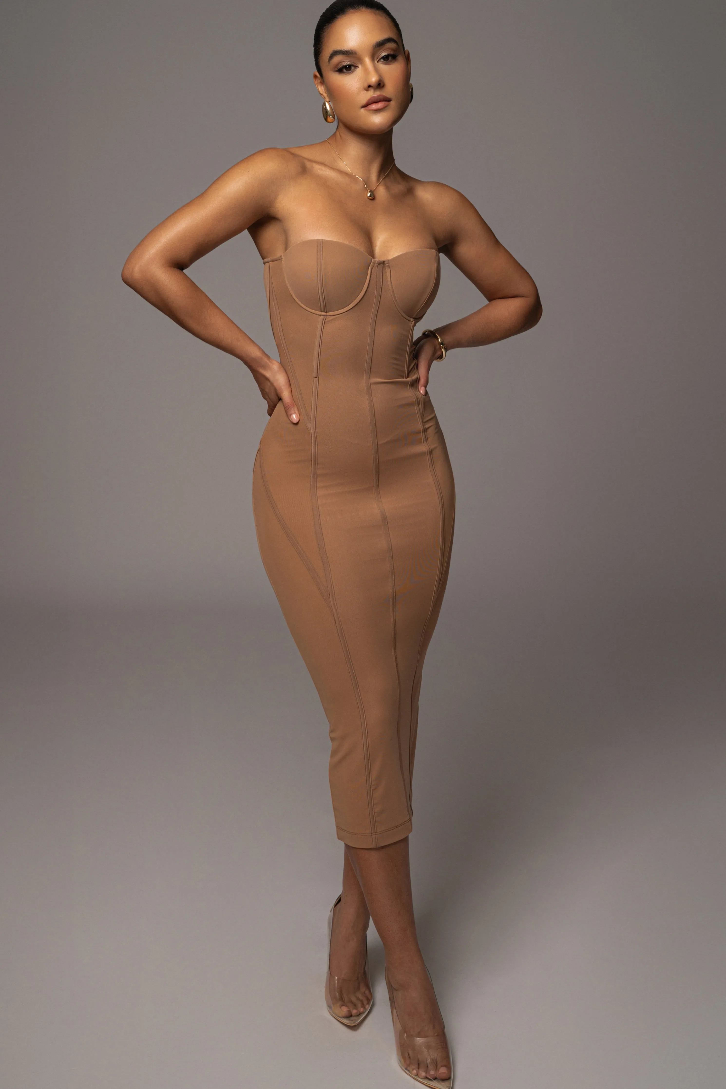 Tan Escape Mesh Midi Dress